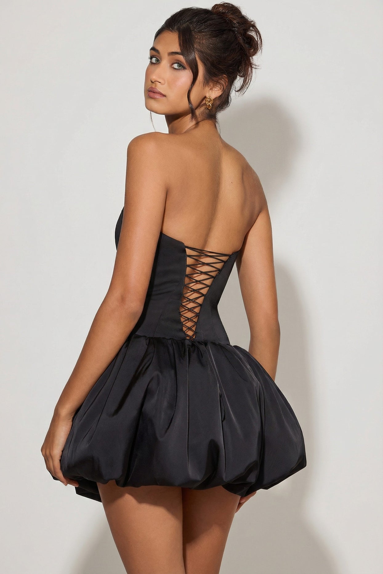 Lace-Up Bubble Hem Corset Micro Mini Dress in Black - 2