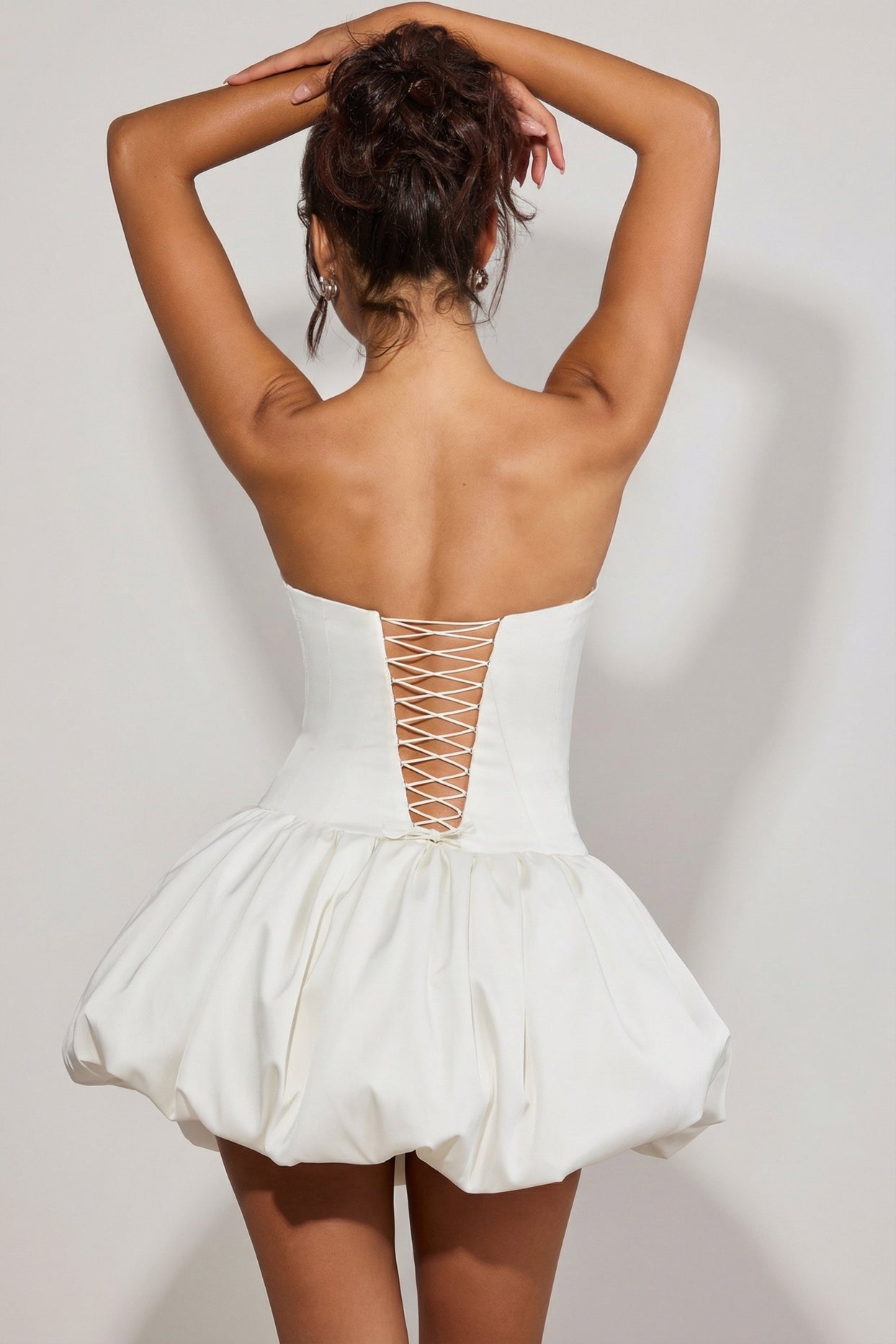 Lace-Up Bubble Hem Corset Micro Mini Dress in White - 6