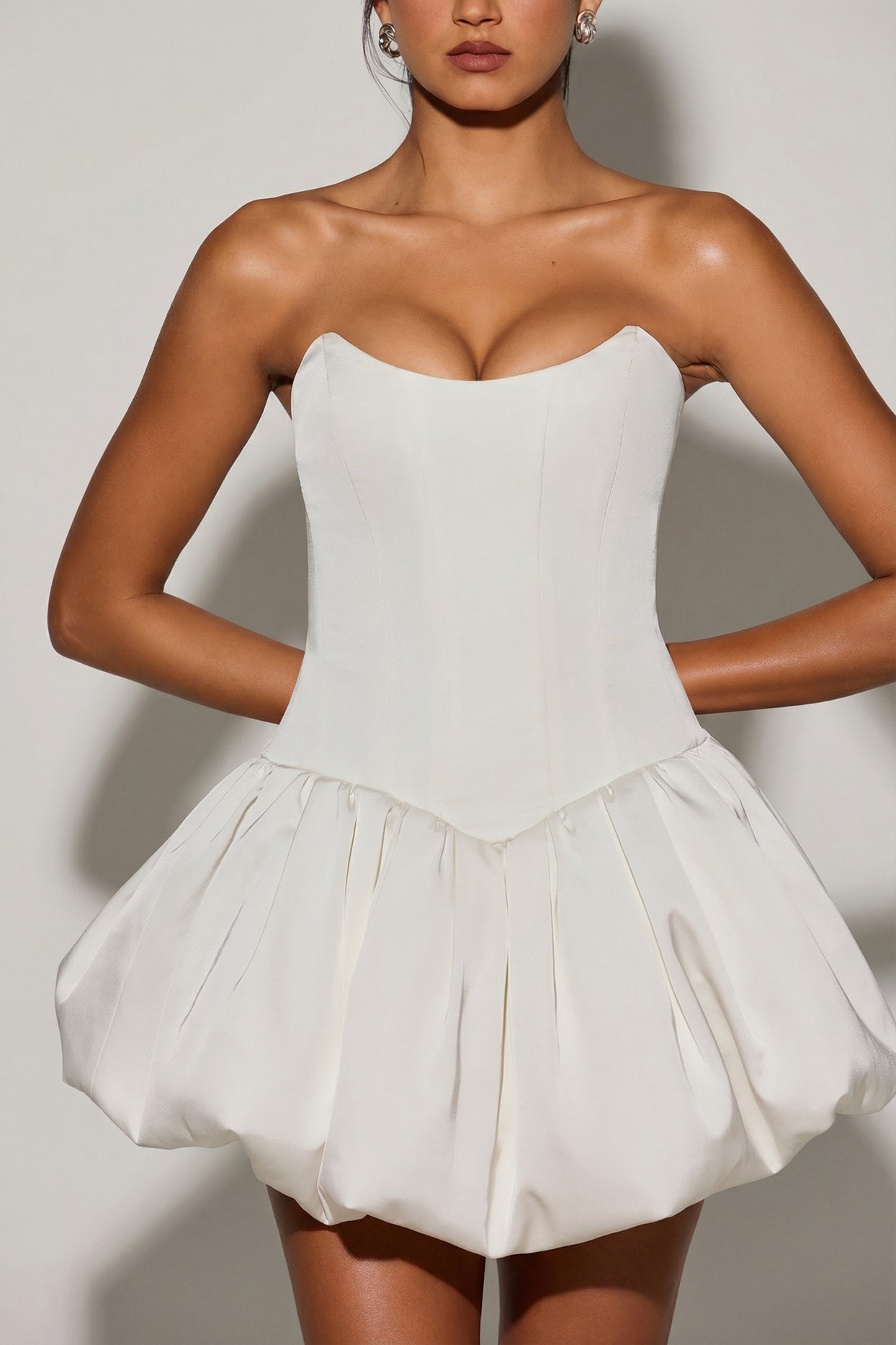 Lace-Up Bubble Hem Corset Micro Mini Dress in White - 4