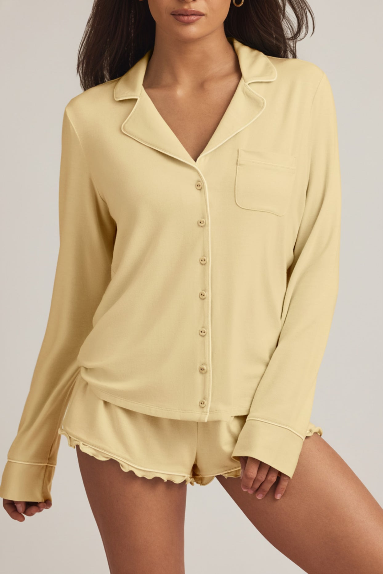 Modal Long-Sleeve Pyjama Top in Pastel Yellow - 6
