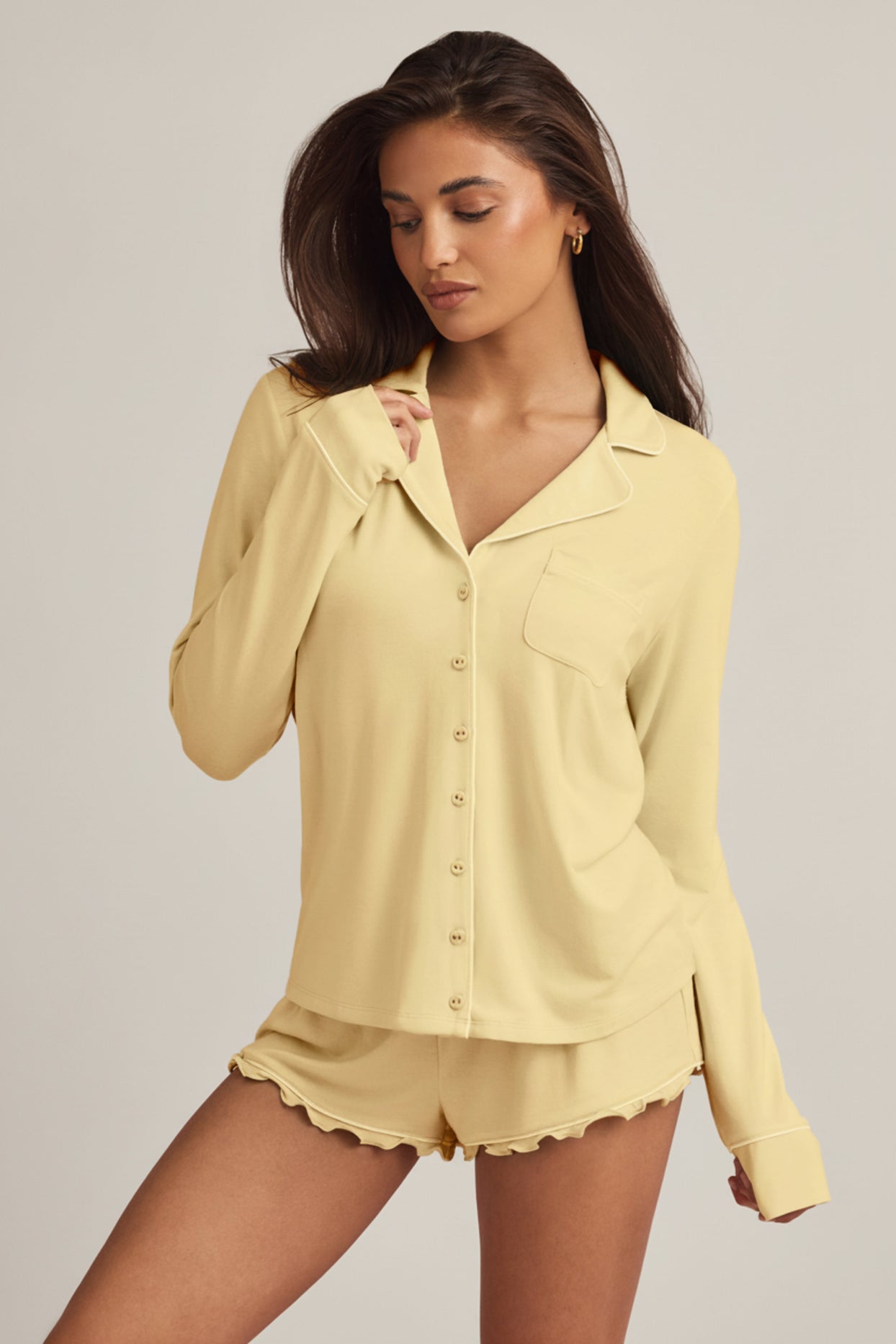 Modal Long-Sleeve Pyjama Top in Pastel Yellow - 1