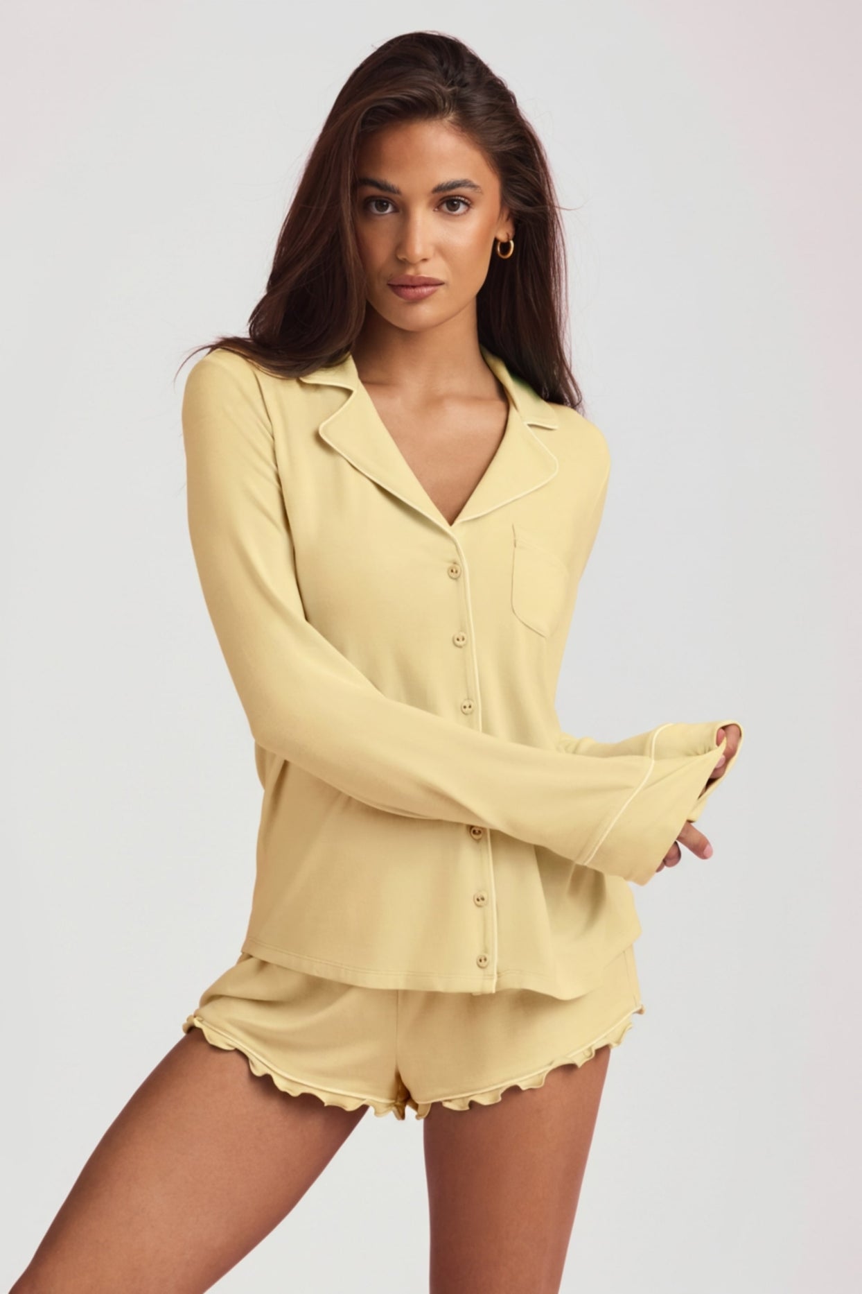 Modal Long-Sleeve Pyjama Top in Pastel Yellow - 8