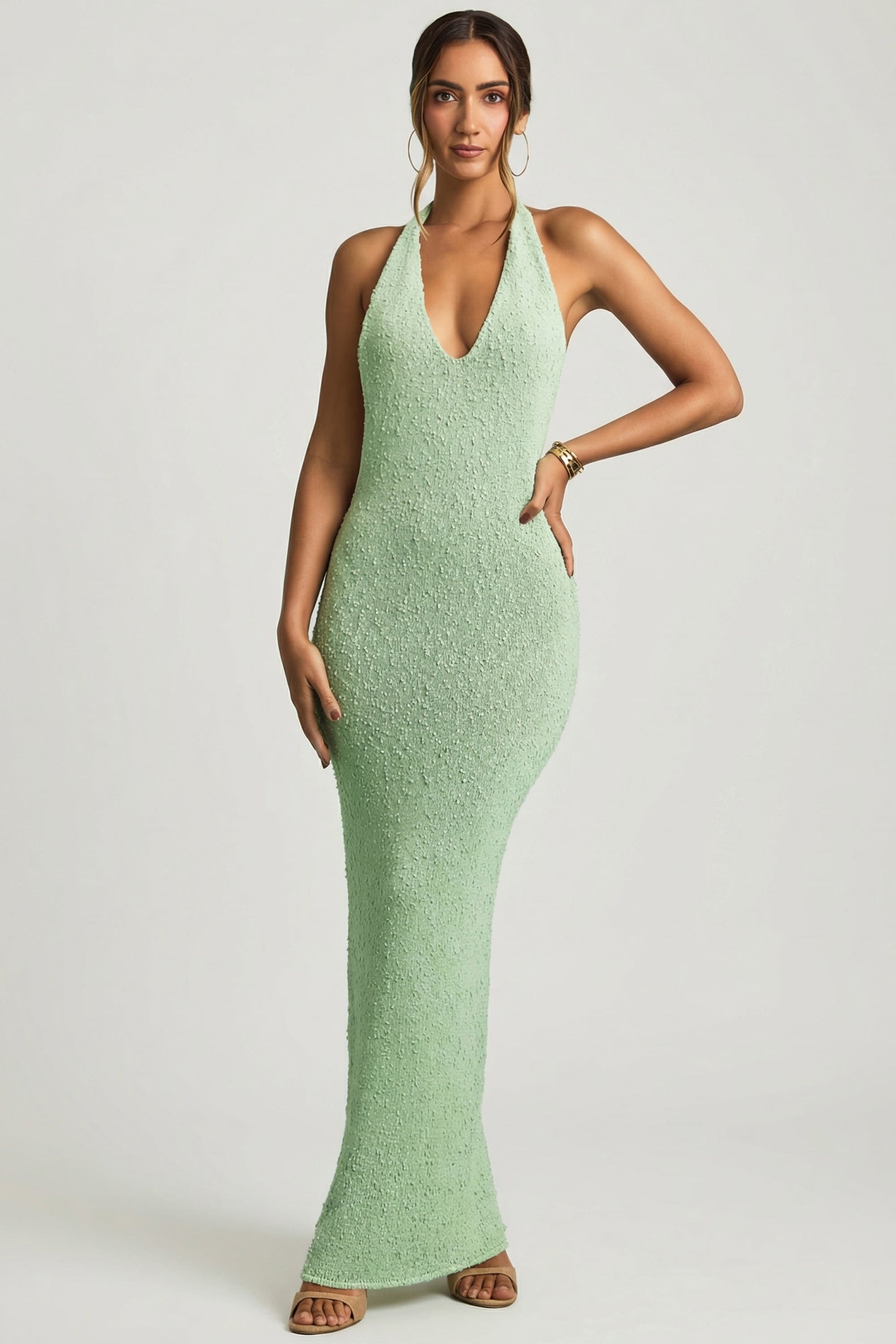 Bouclé Halterneck Maxi Dress in Mint - 2