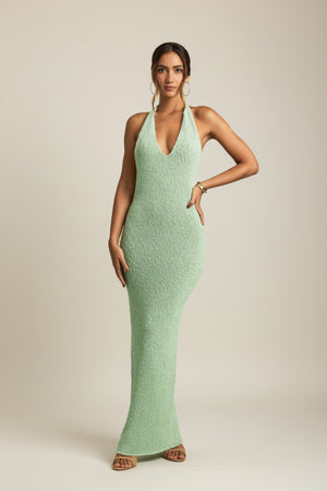 Bouclé Halterneck Maxi Dress in Mint