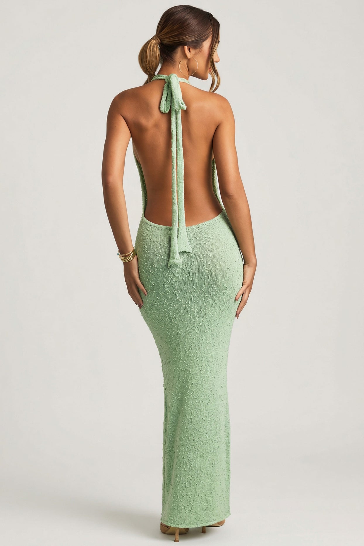 Bouclé Halterneck Maxi Dress in Mint - 5