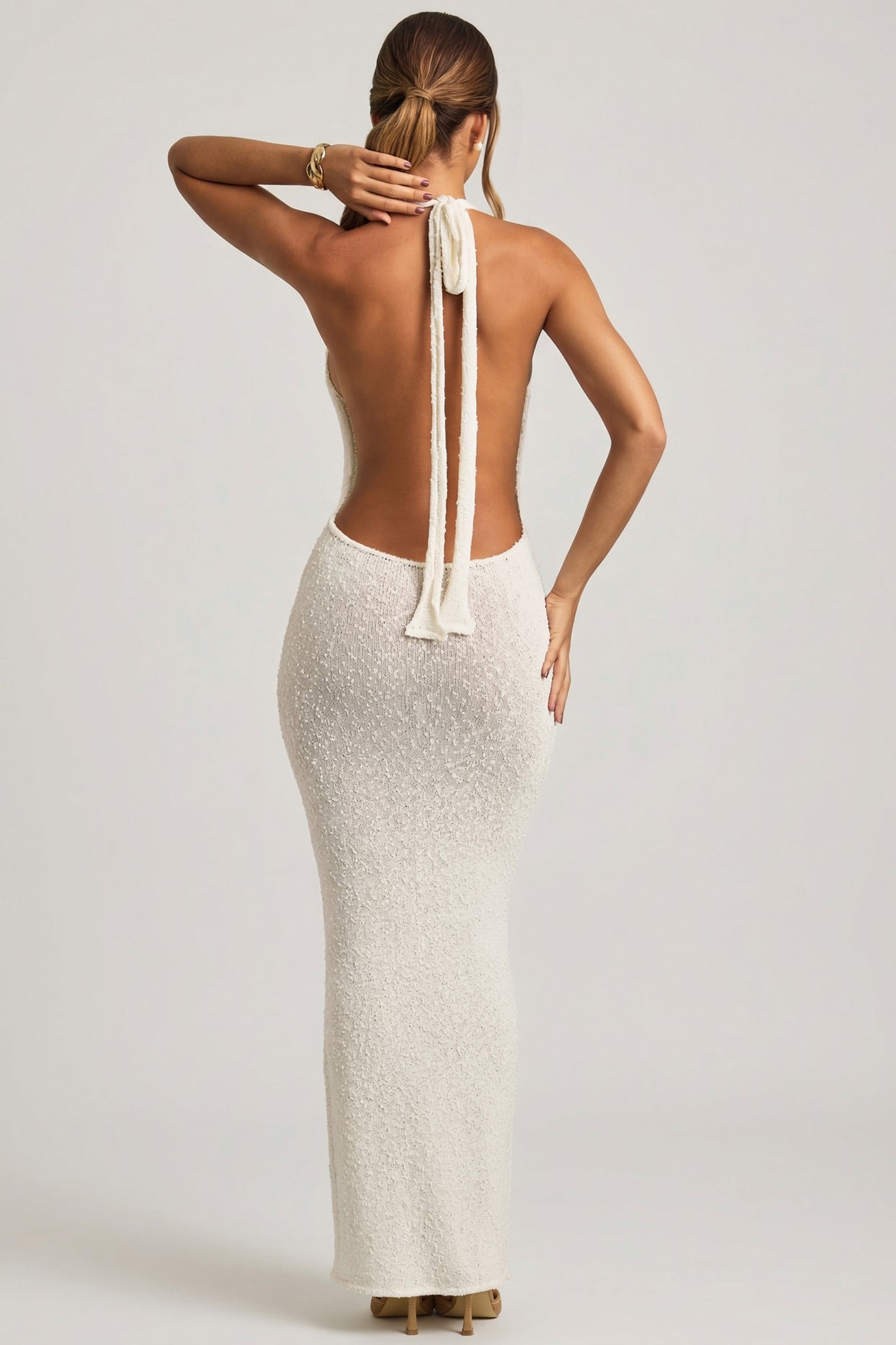 Bouclé Halterneck Maxi Dress in White - 6