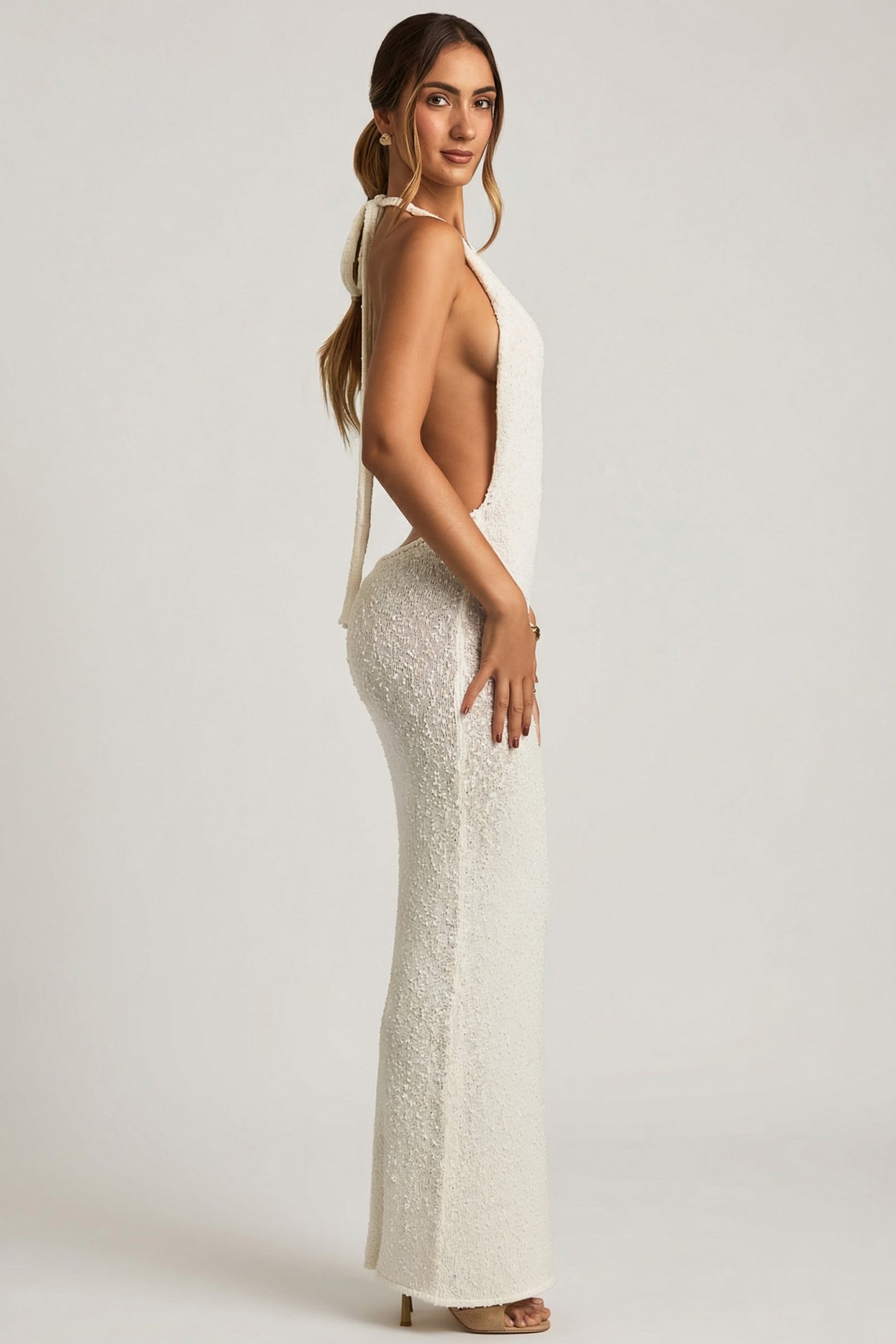 Bouclé Halterneck Maxi Dress in White - 4
