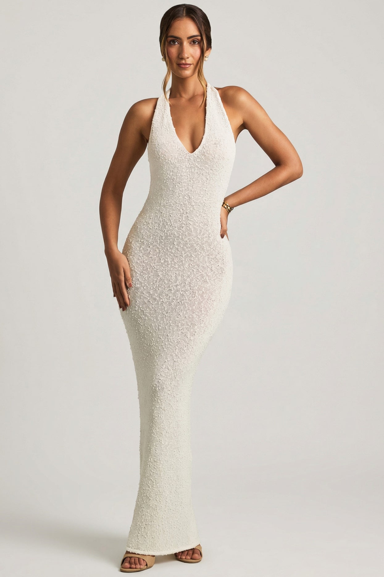 Bouclé Halterneck Maxi Dress in White - 1