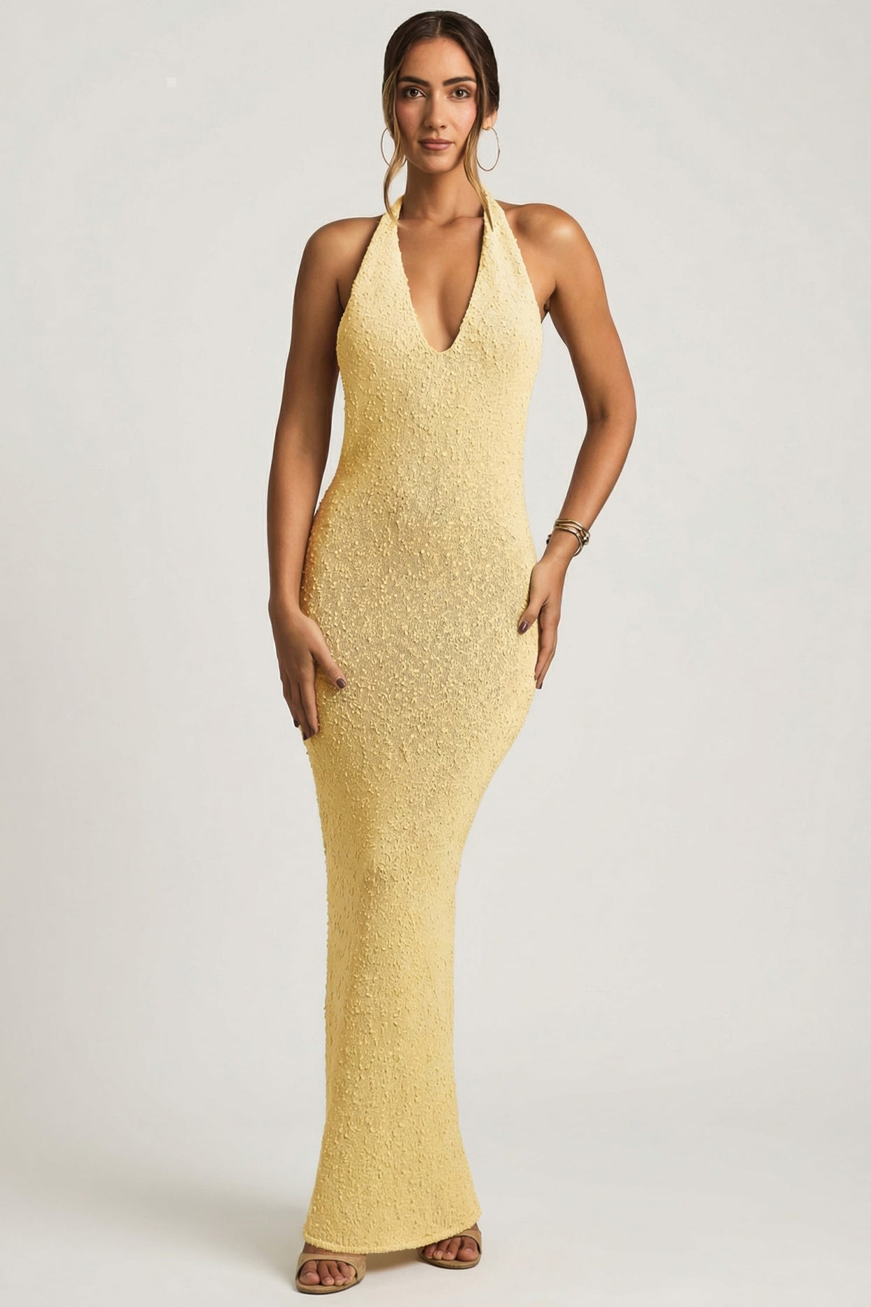 Bouclé Halterneck Maxi Dress in Yellow - 6