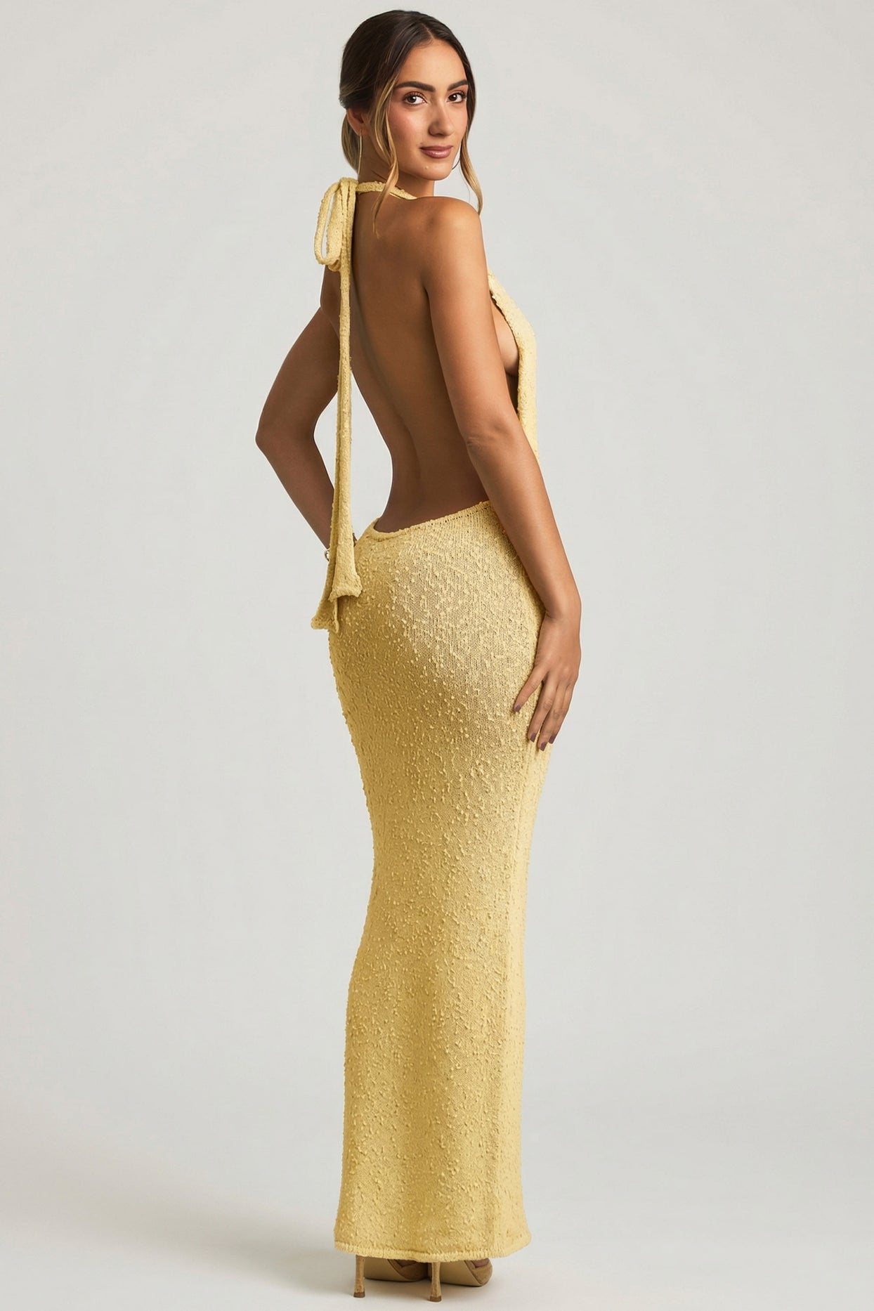 Bouclé Halterneck Maxi Dress in Yellow - 1