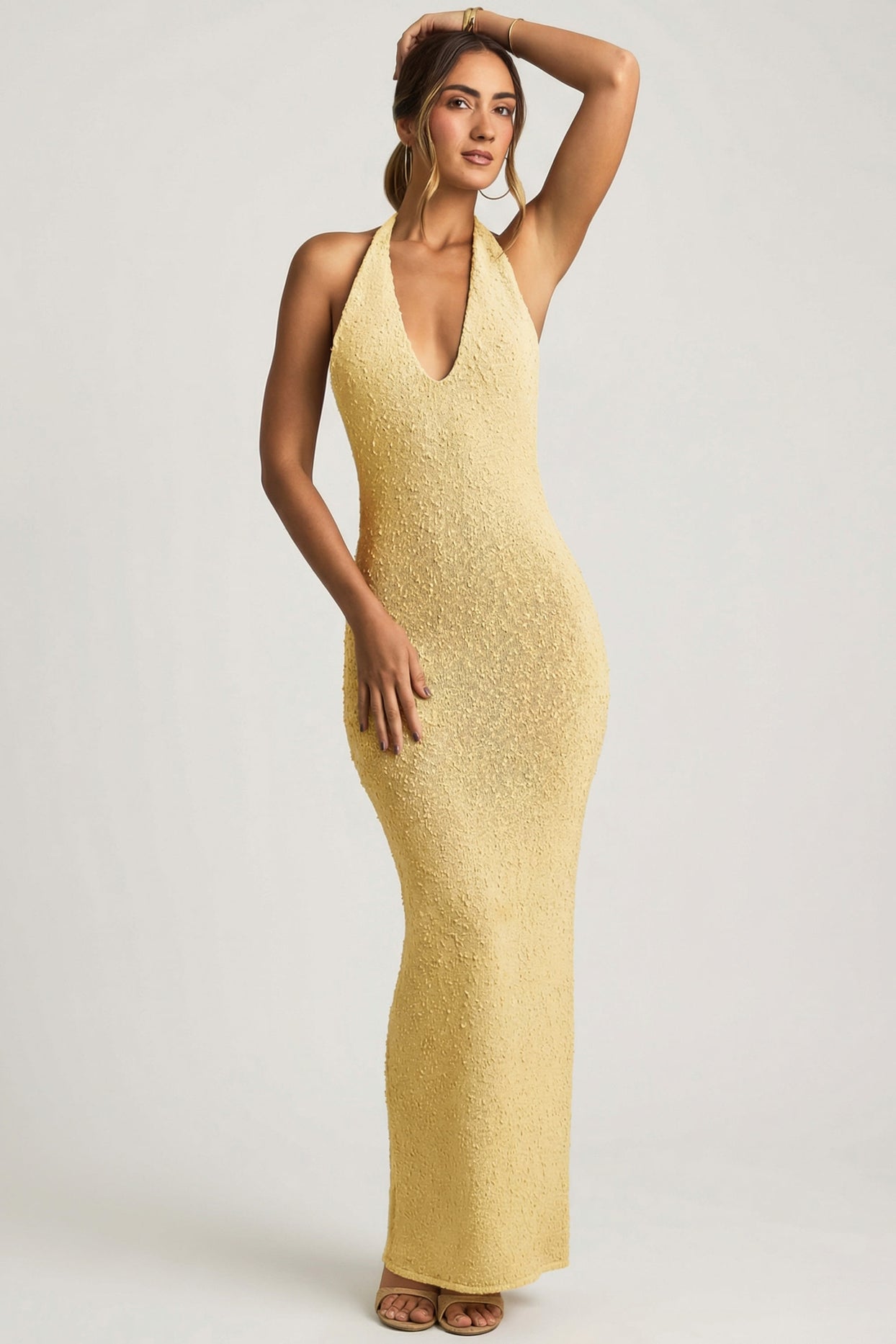 Bouclé Halterneck Maxi Dress in Yellow - 2