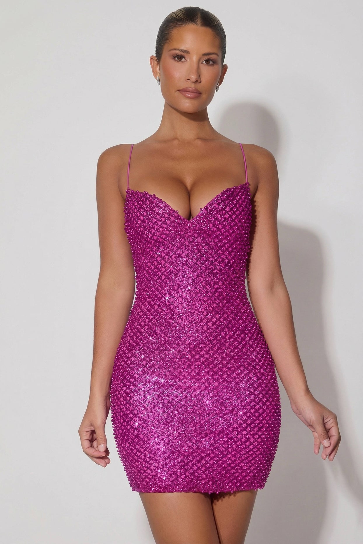 Embellished Sweetheart-Neck Mini Dress in Magenta - 1