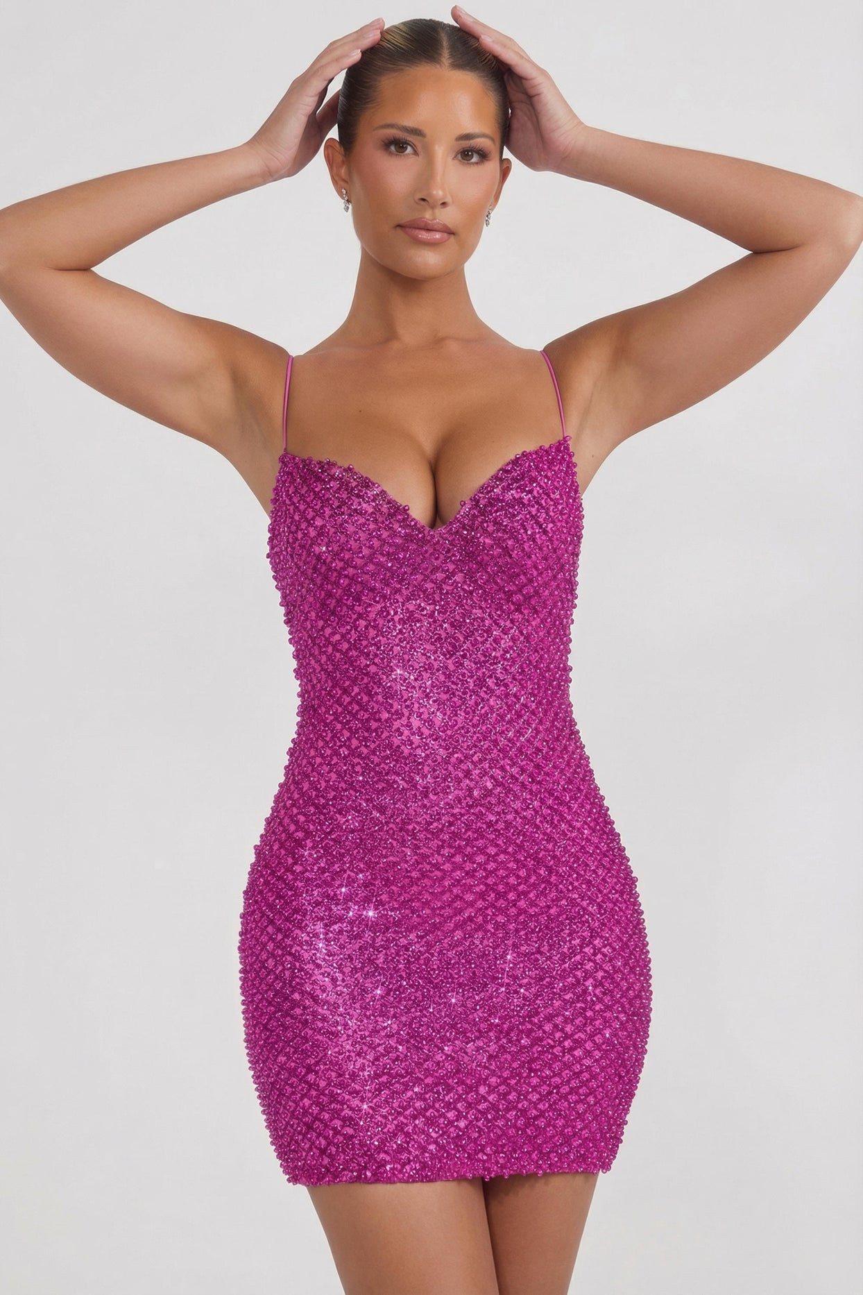 Embellished Sweetheart-Neck Mini Dress in Magenta - 5