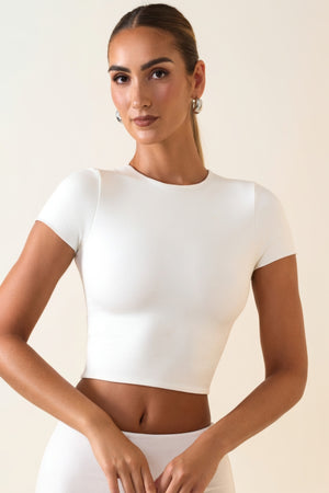 Oh Polly's Priscilla wearing the Myaree Crop Top in White Modal fabric perfect for city strolls