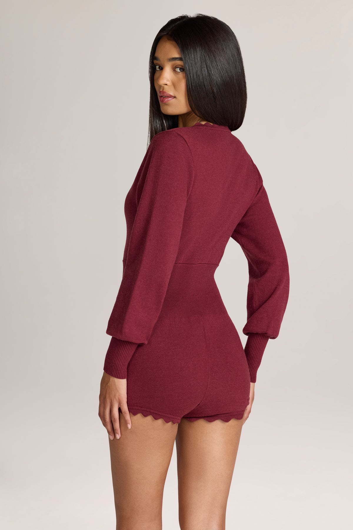 Knit Long-Sleeve Romper in Wine