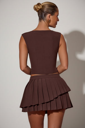 Layered Pleated Low-Rise Mini Skirt in Chocolate Brown