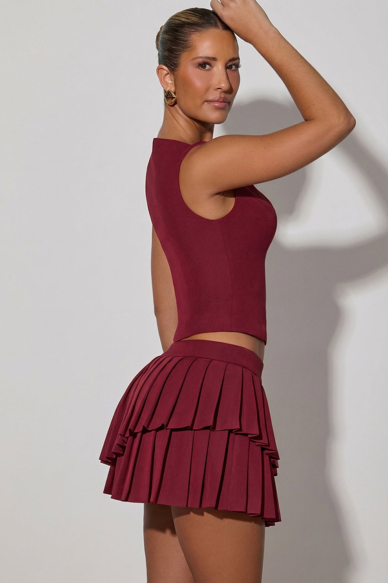 Layered Pleated Low-Rise Mini Skirt in Wine Red - 3