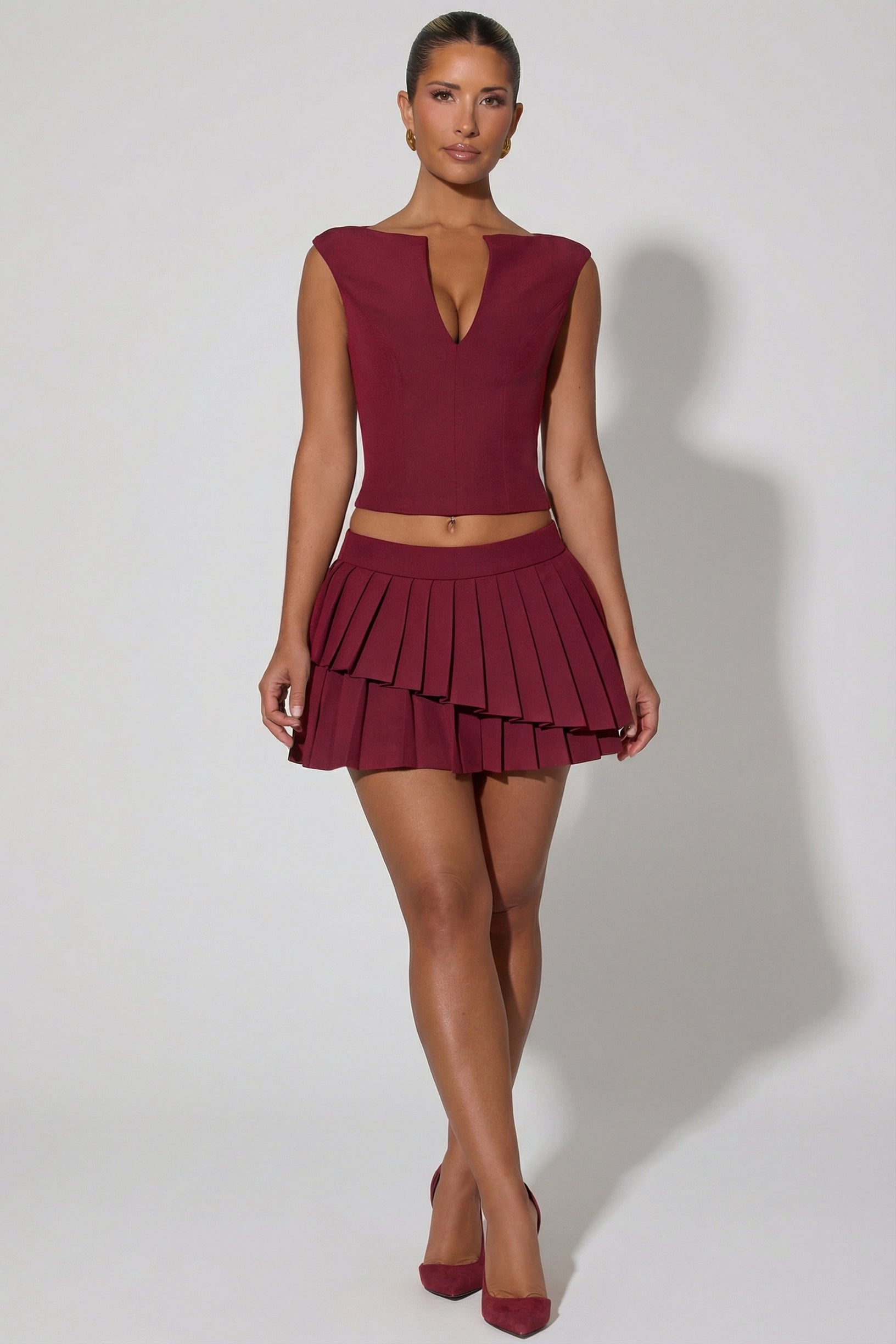 Layered Pleated Low-Rise Mini Skirt in Wine Red - 1