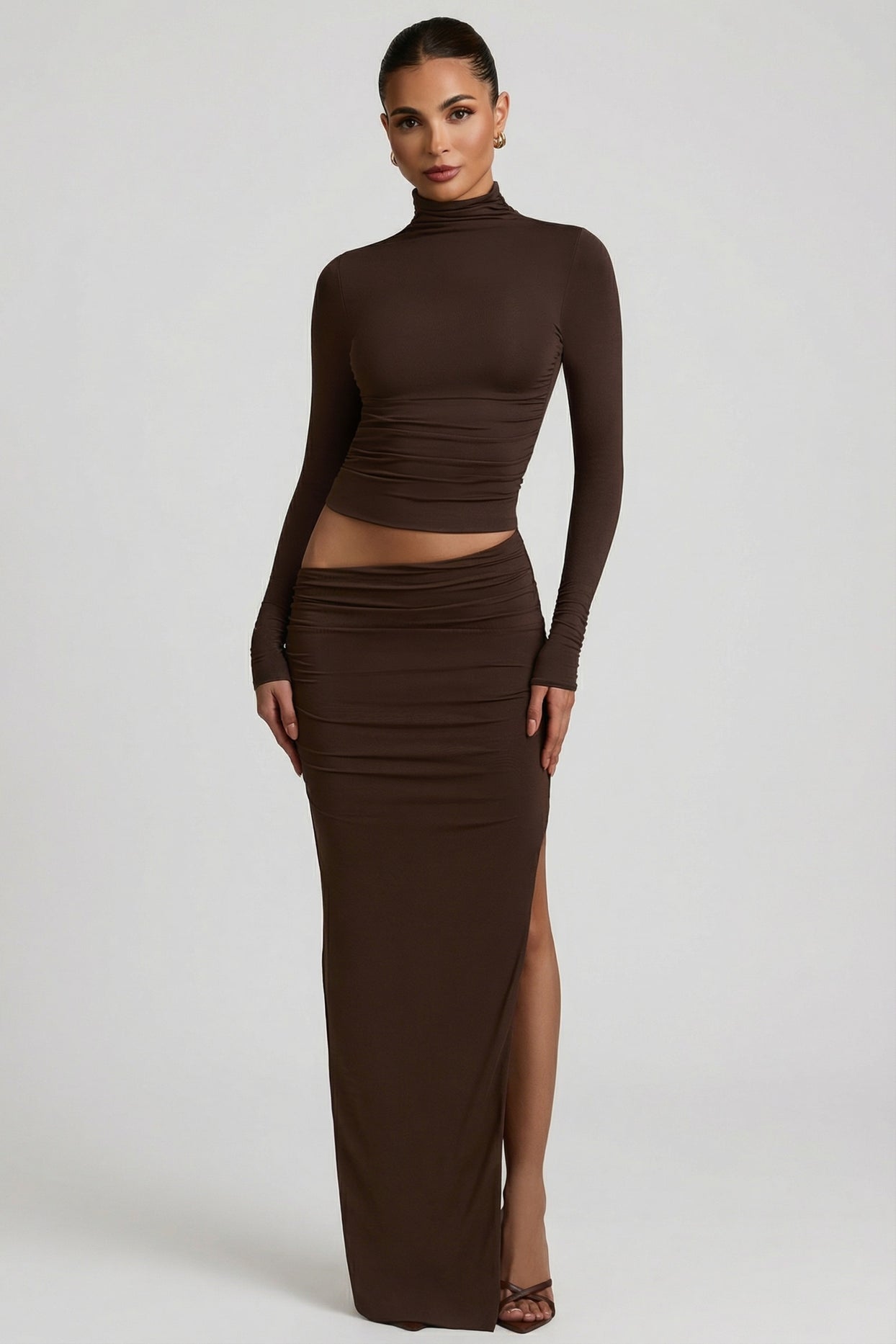 Modal Asymmetric-Waist Maxi Skirt in Chocolate Brown - 1