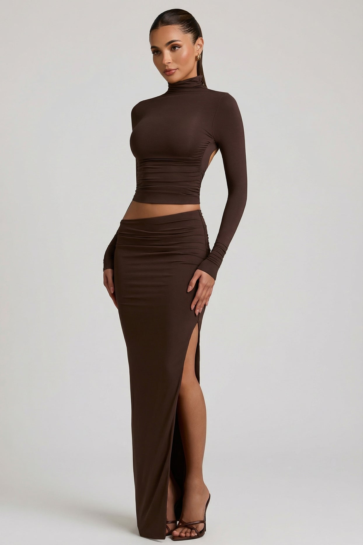Modal Asymmetric-Waist Maxi Skirt in Chocolate Brown - 9