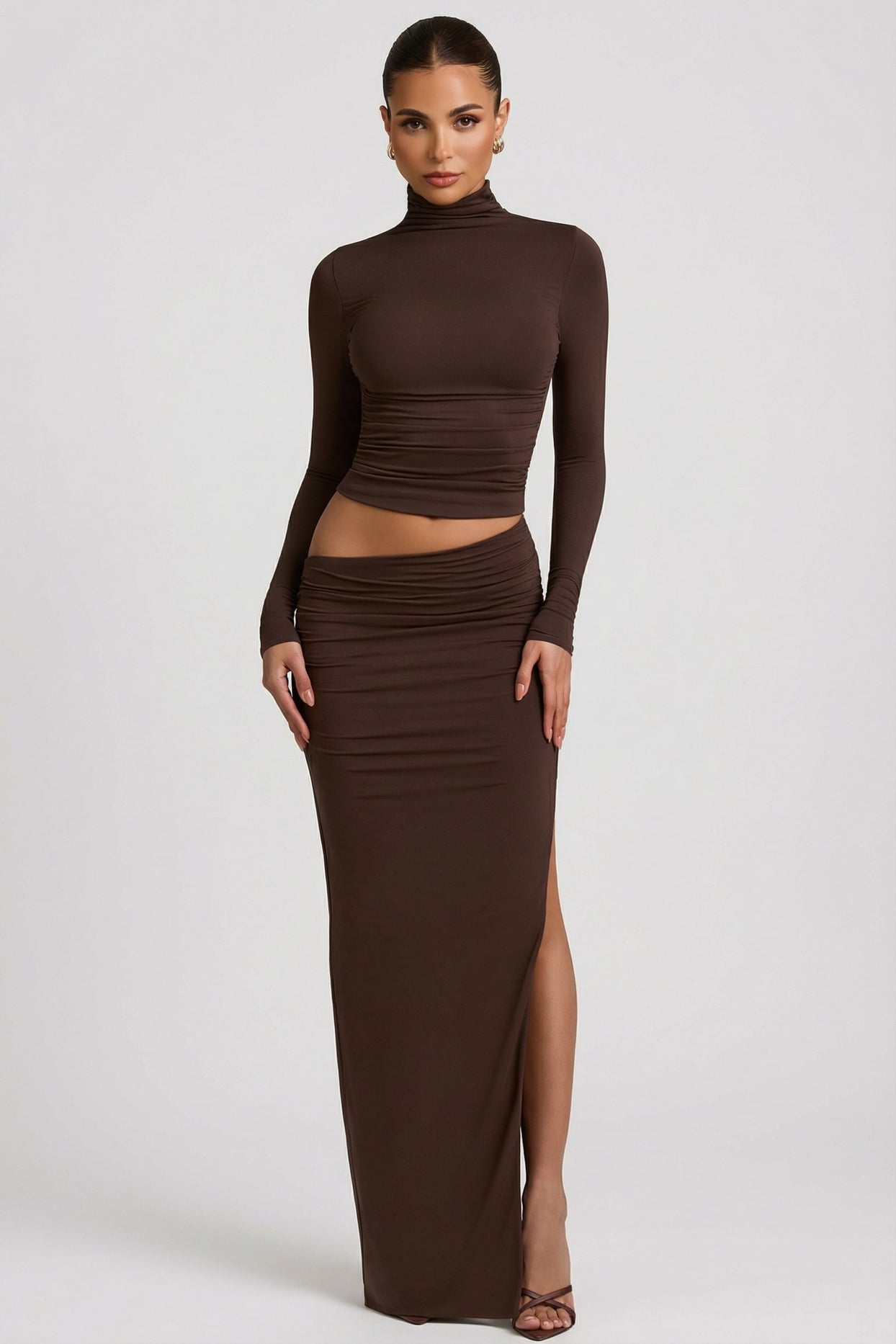 Modal Asymmetric-Waist Maxi Skirt in Chocolate Brown - 10