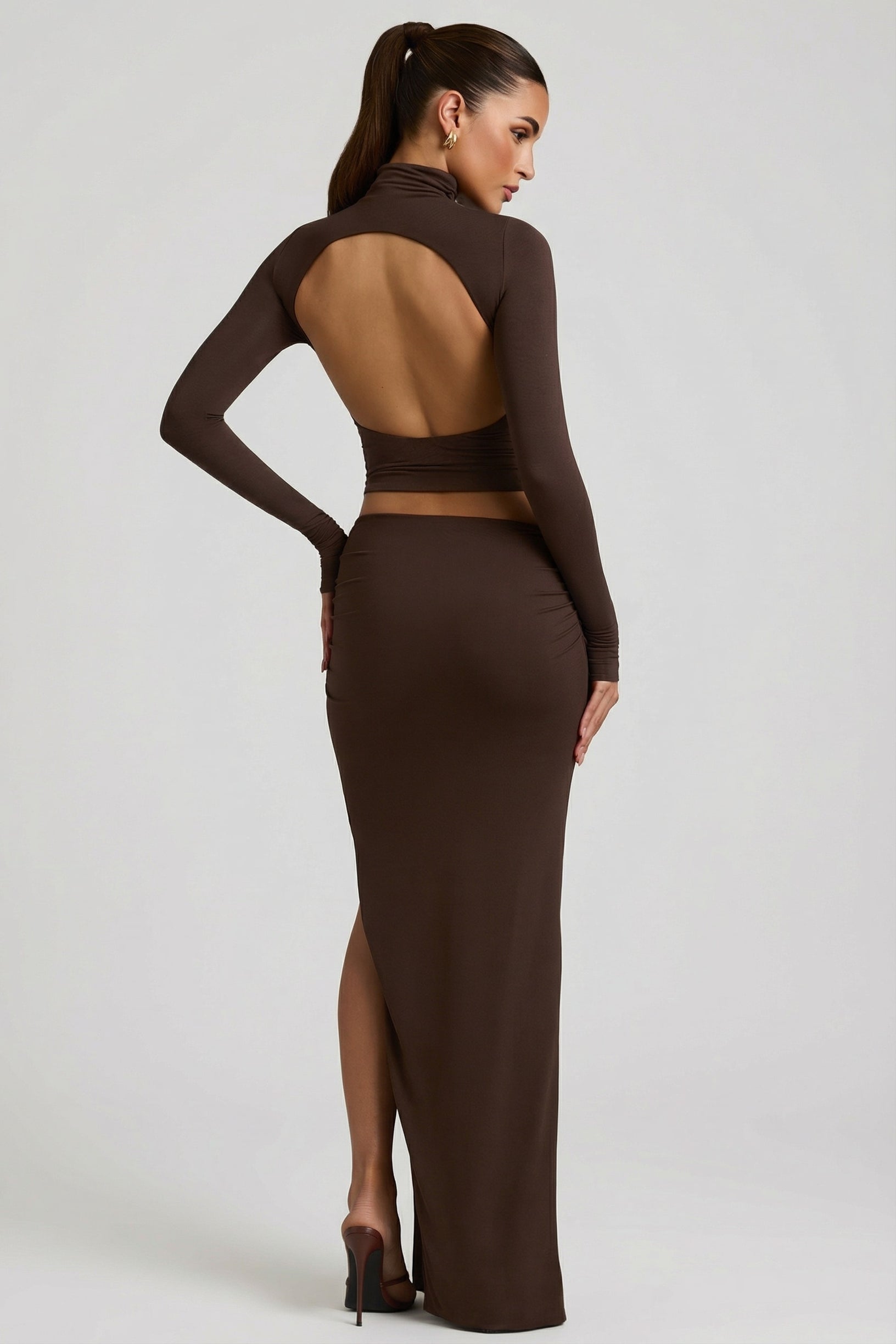 Modal Asymmetric-Waist Maxi Skirt in Chocolate Brown - 2