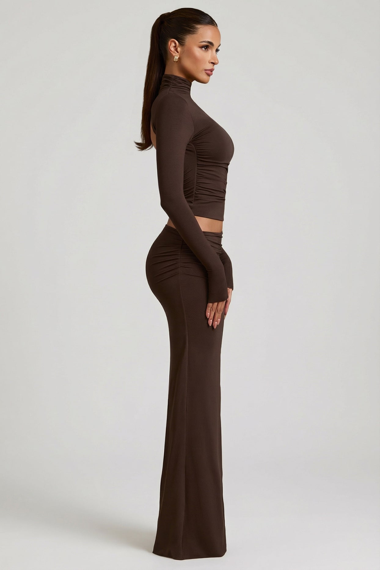 Modal Asymmetric-Waist Maxi Skirt in Chocolate Brown - 3