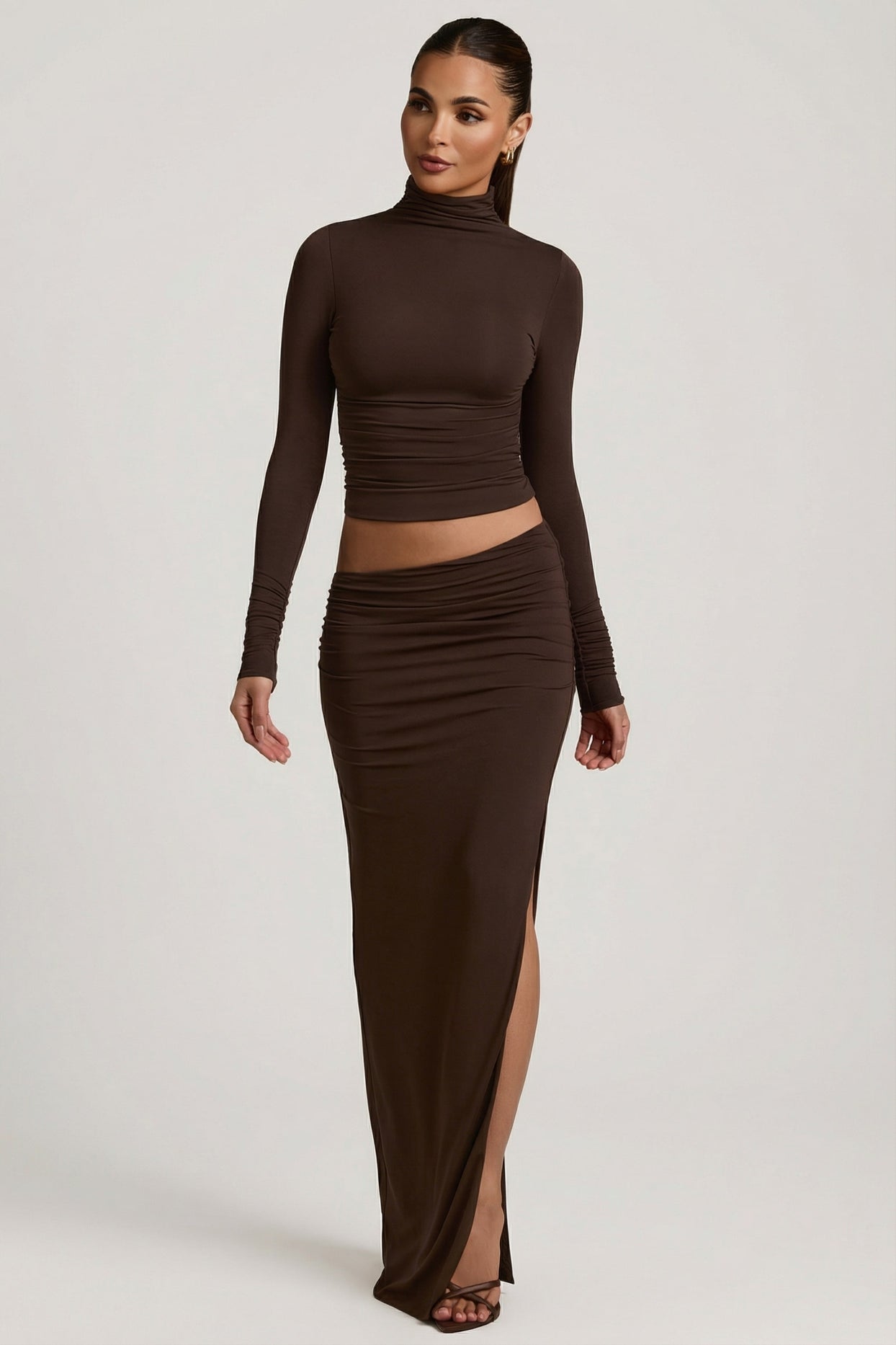 Modal Asymmetric-Waist Maxi Skirt in Chocolate Brown - 7