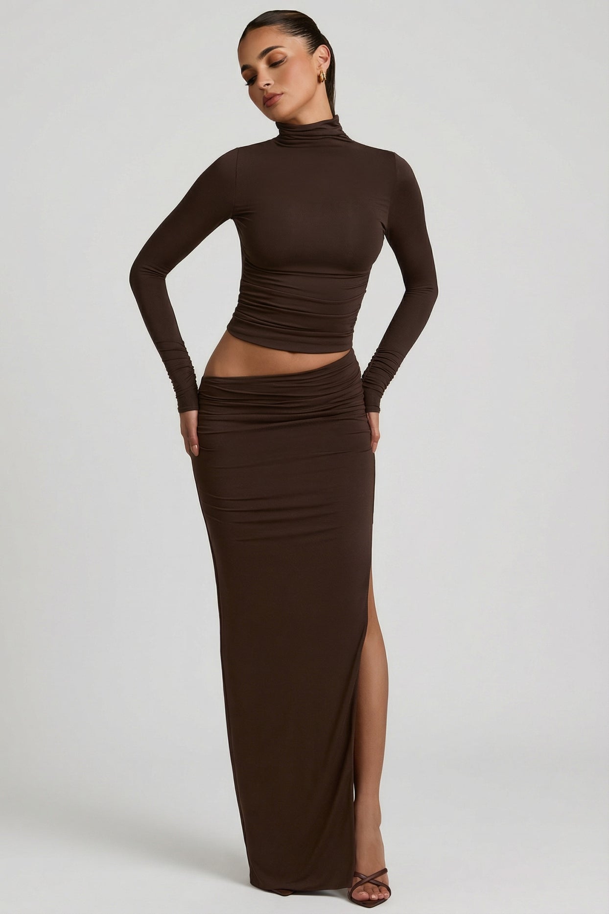 Modal Asymmetric-Waist Maxi Skirt in Chocolate Brown - 4