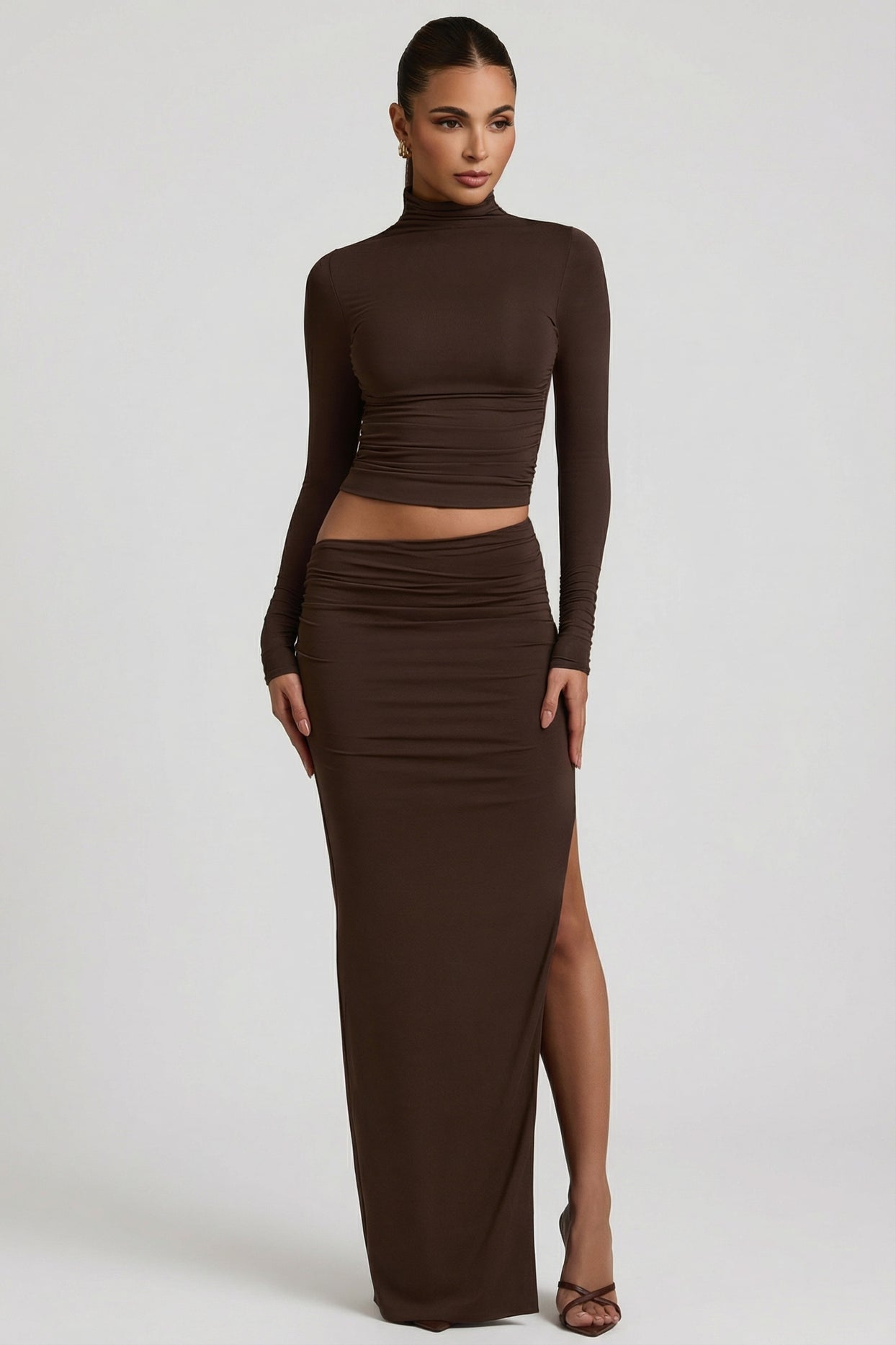 Modal Asymmetric-Waist Maxi Skirt in Chocolate Brown - 8