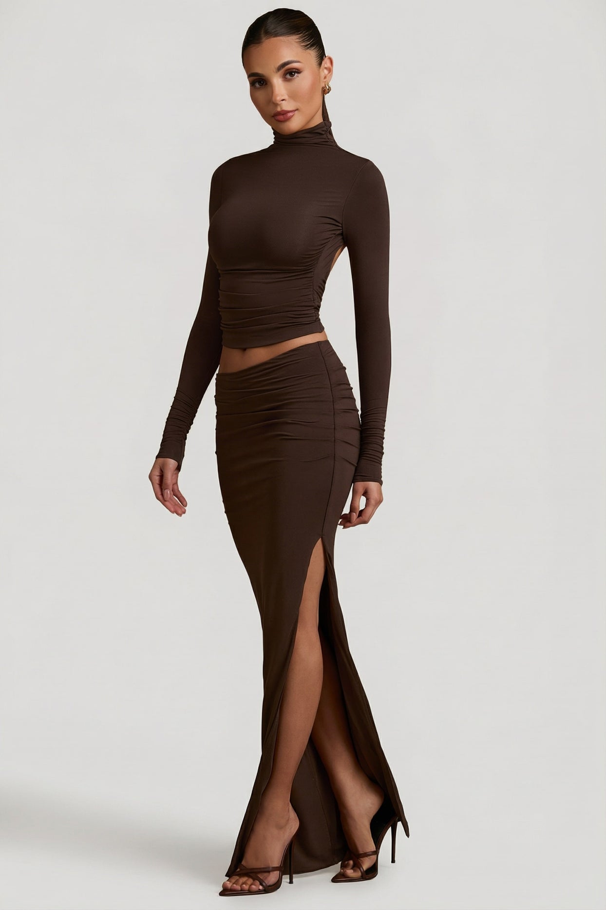 Modal Asymmetric-Waist Maxi Skirt in Chocolate Brown - 5