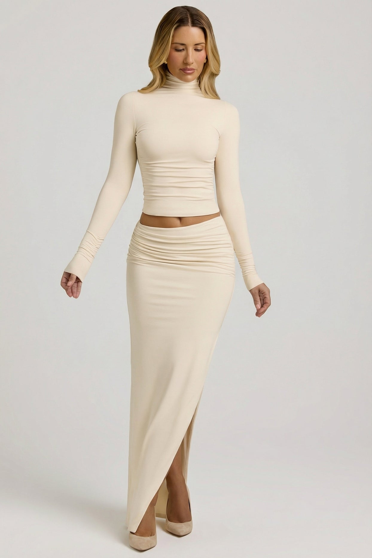 Modal Asymmetric-Waist Maxi Skirt in Ivory - 9