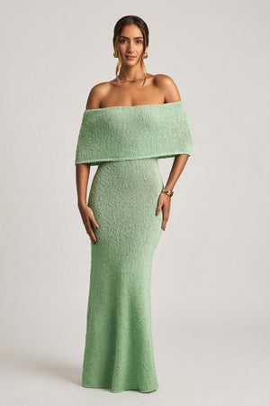 Bouclé Off-Shoulder Maxi Dress in Mint
