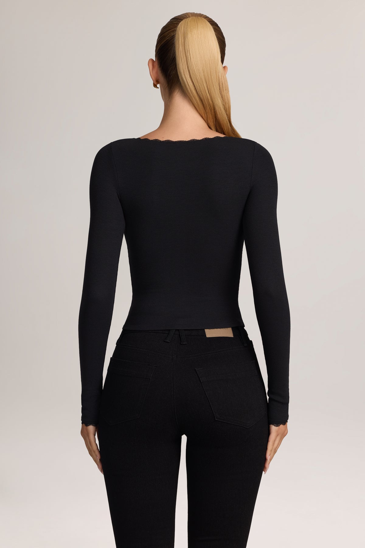 Ribbed Modal Lace-Trim Cardigan in Black