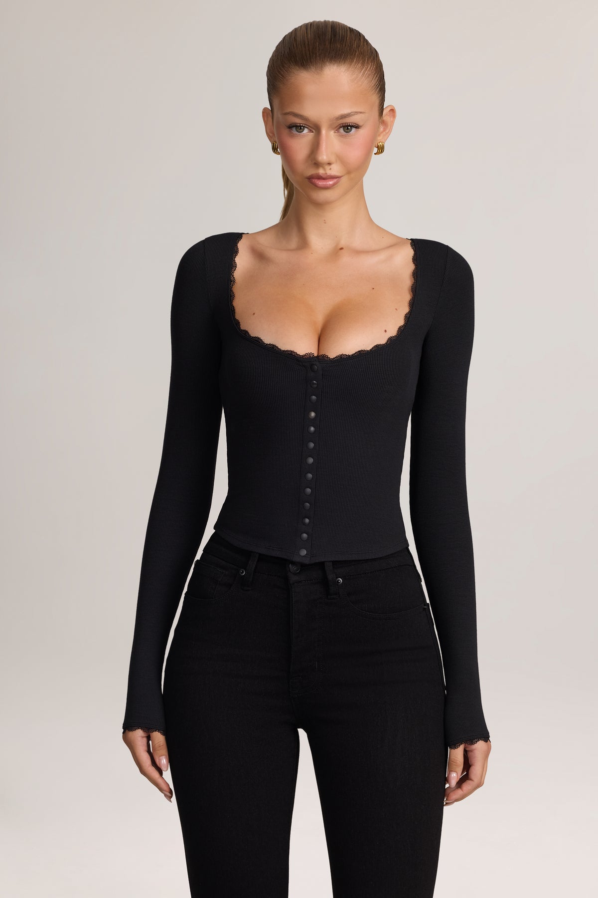 Ribbed Modal Lace-Trim Cardigan in Black