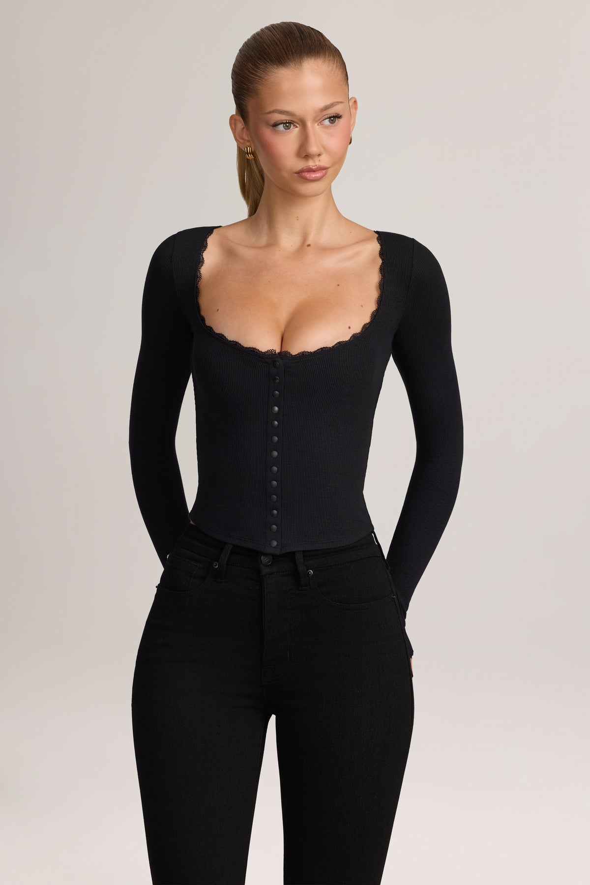 Ribbed Modal Lace-Trim Cardigan in Black
