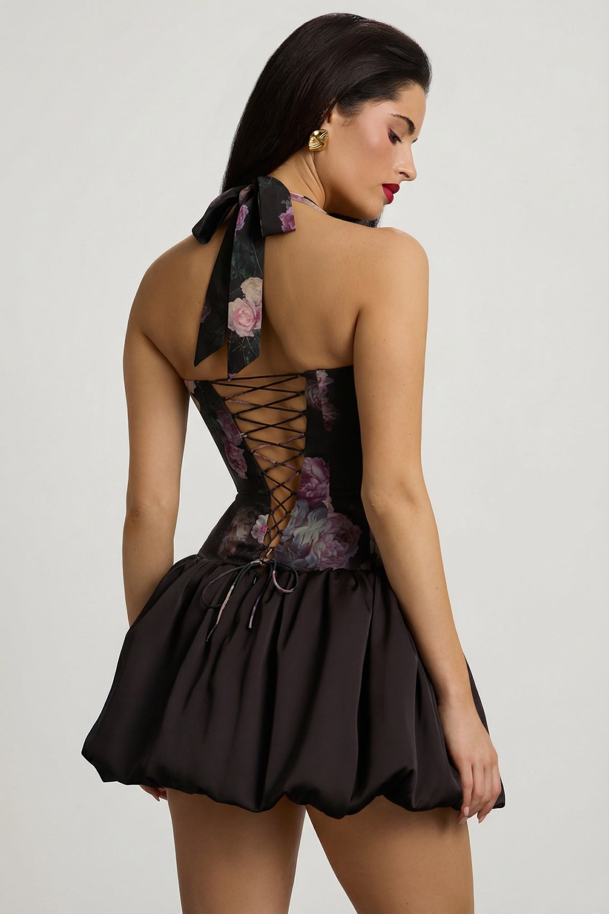 Halterneck Lace-Up Bubble Hem Mini Dress in Black Floral Print - 7