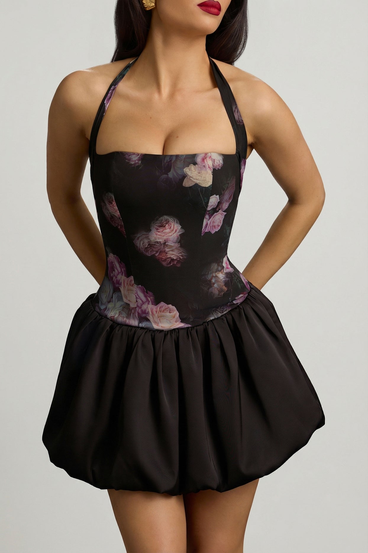 Halterneck Lace-Up Bubble Hem Mini Dress in Black Floral Print - 5