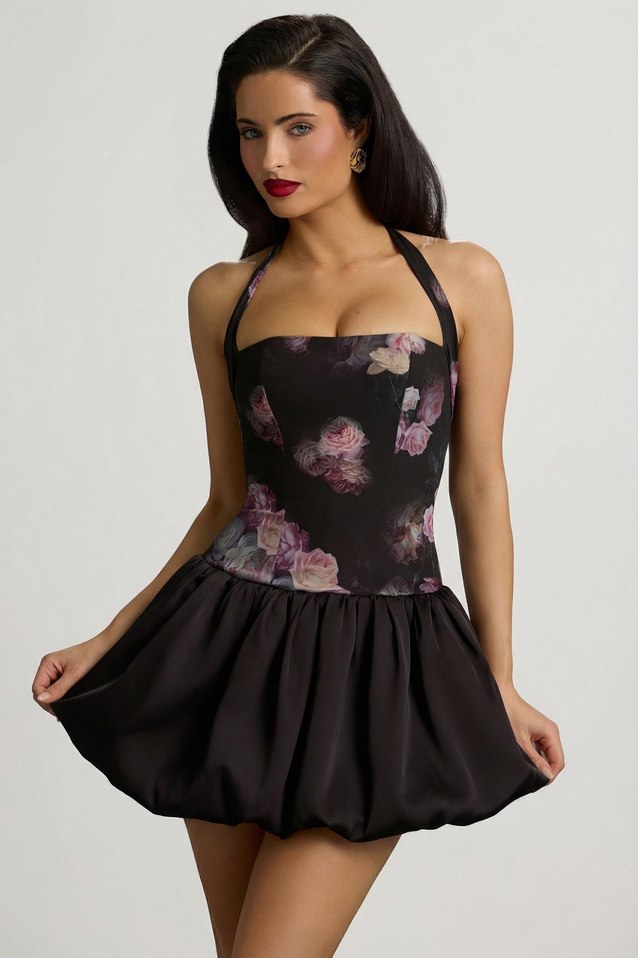 Halterneck Lace-Up Bubble Hem Mini Dress in Black Floral Print - 2