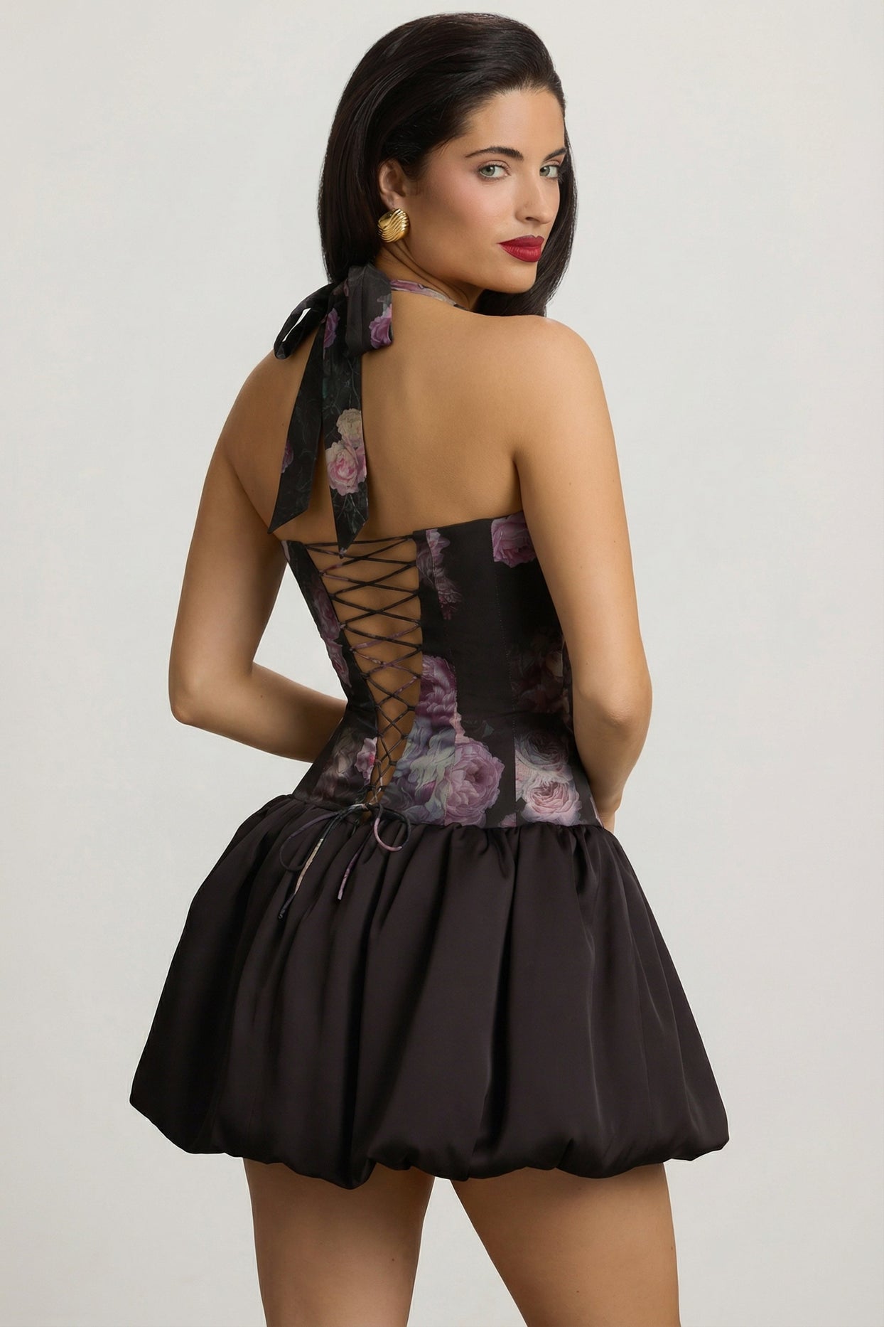 Halterneck Lace-Up Bubble Hem Mini Dress in Black Floral Print - 3