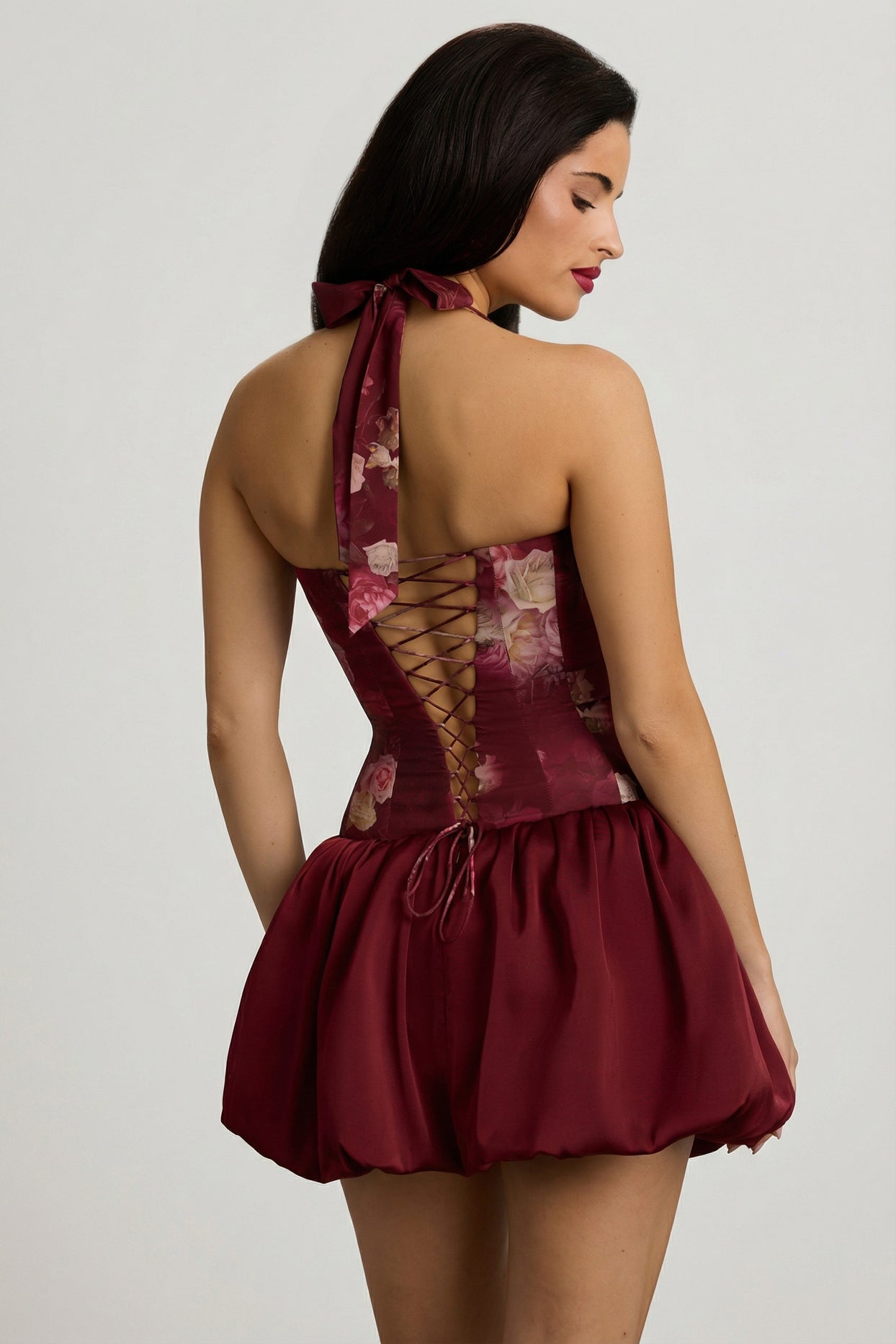 Halterneck Lace-Up Bubble Hem Mini Dress in Maroon Floral Print - 8