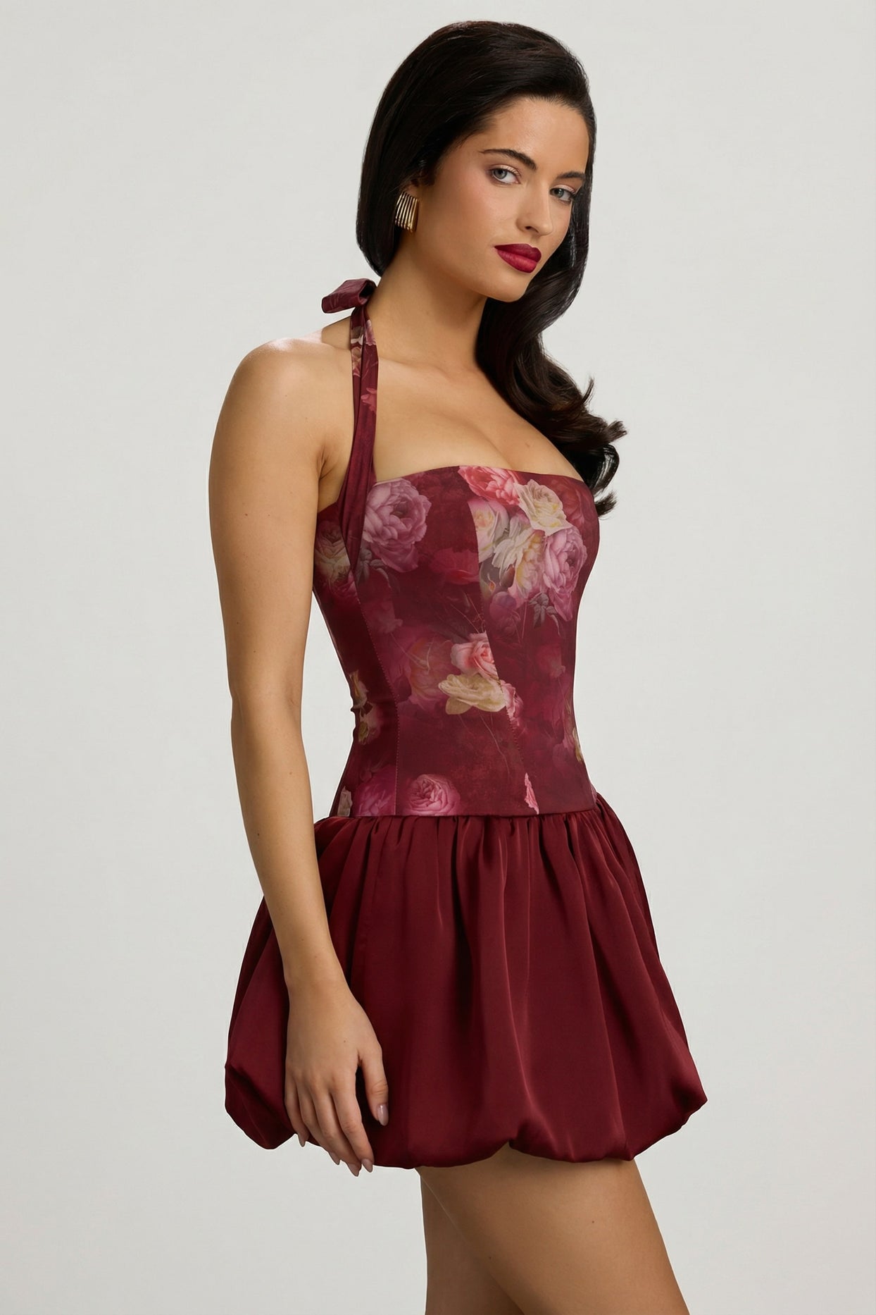 Halterneck Lace-Up Bubble Hem Mini Dress in Maroon Floral Print - 4