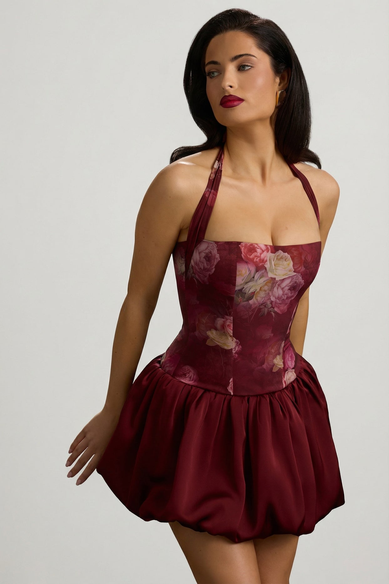 Halterneck Lace-Up Bubble Hem Mini Dress in Maroon Floral Print - 7