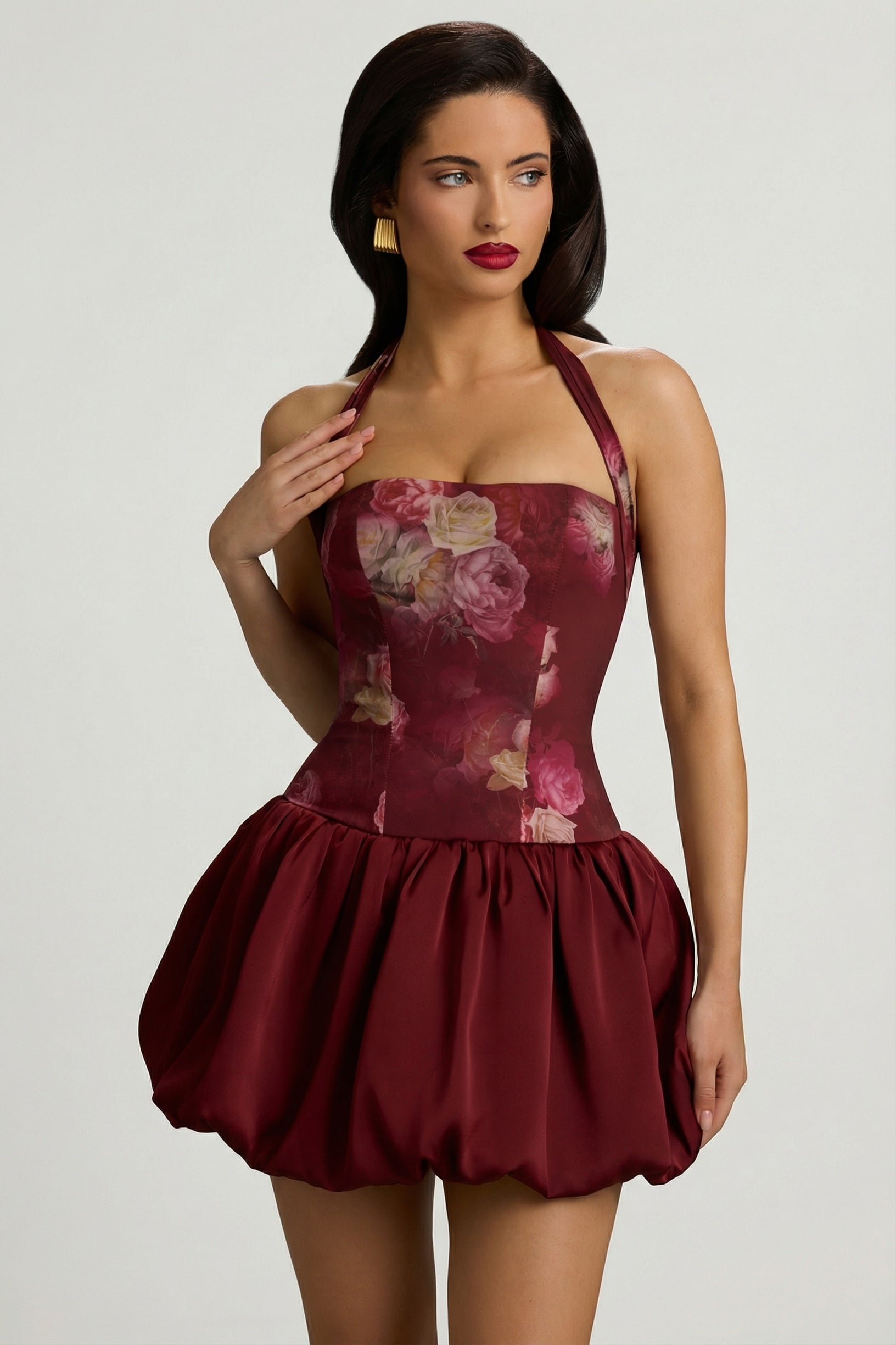 Halterneck Lace-Up Bubble Hem Mini Dress in Maroon Floral Print - 2