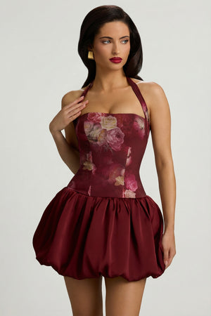 Oh Polly's Renee wearing the Nanala Mini Dress in Maroon Floral Print Jersey fabric perfect for rooftop cocktails