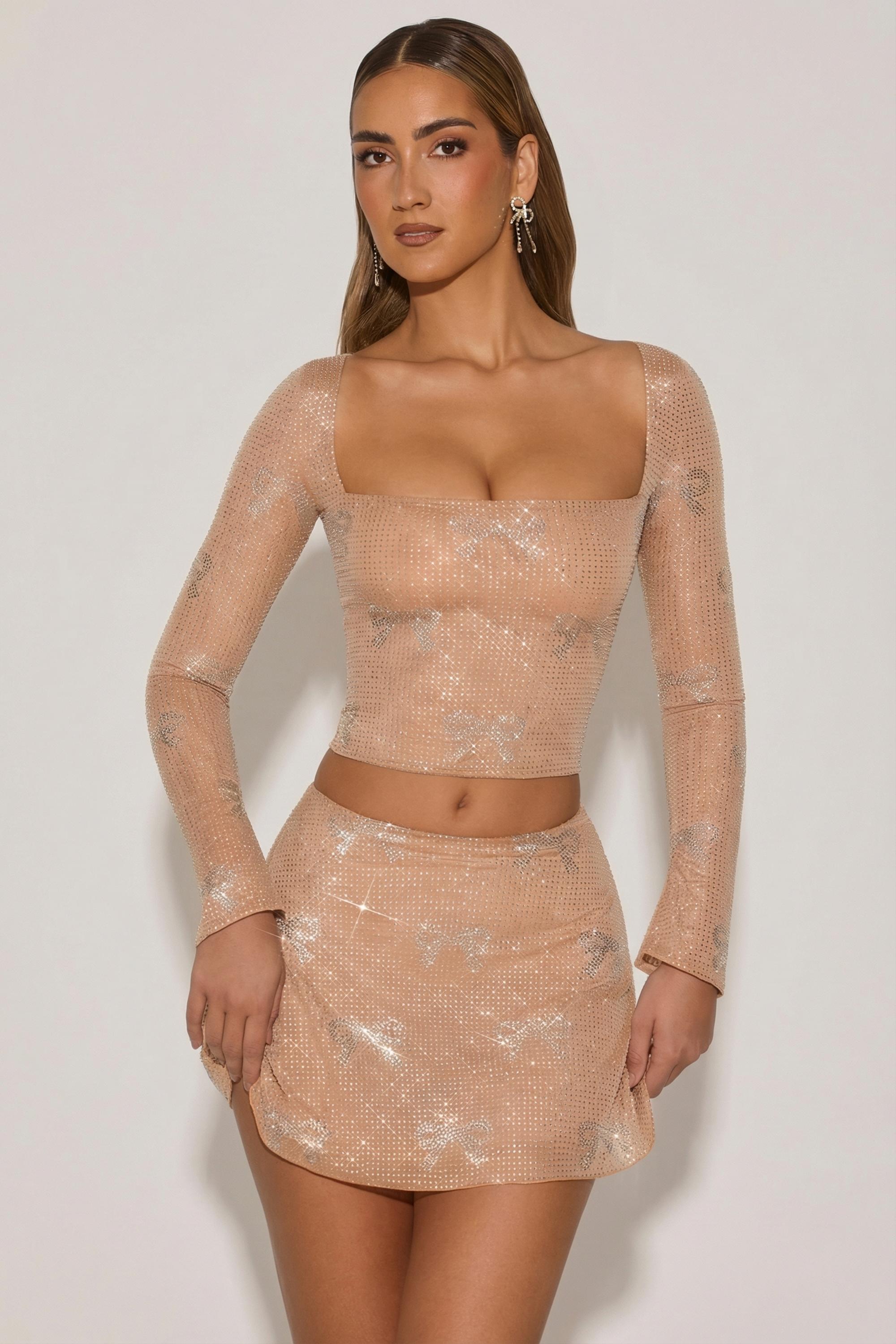 Embellished Bow-Detail Top in Almond