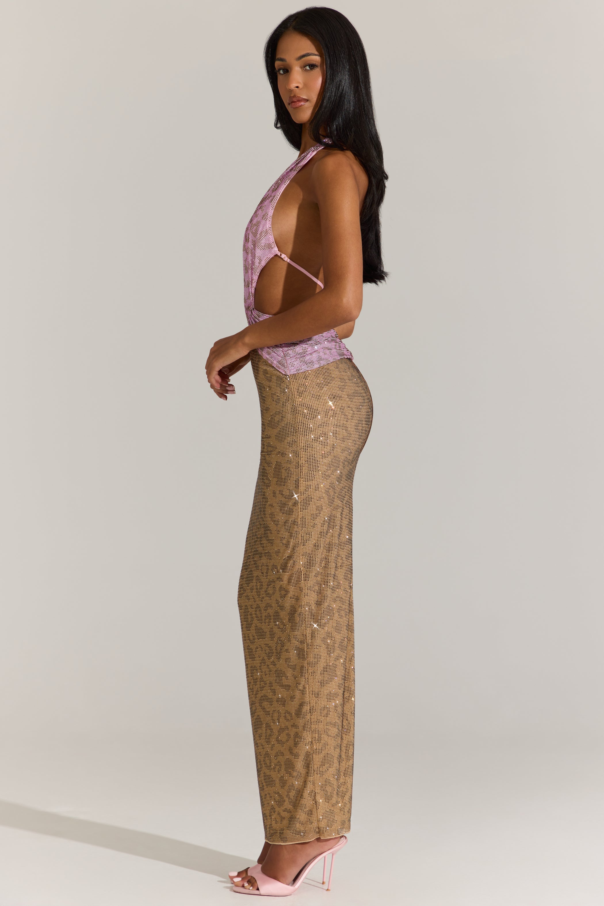 Embellished Cut-Out Maxi Dress in Pink Leopard