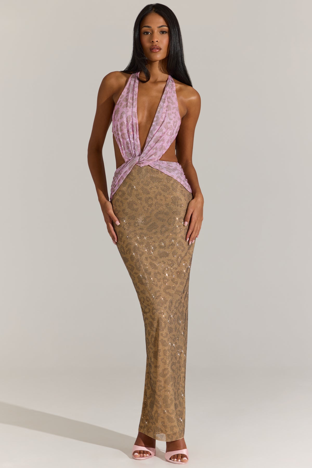 Embellished Cut-Out Maxi Dress in Pink Leopard