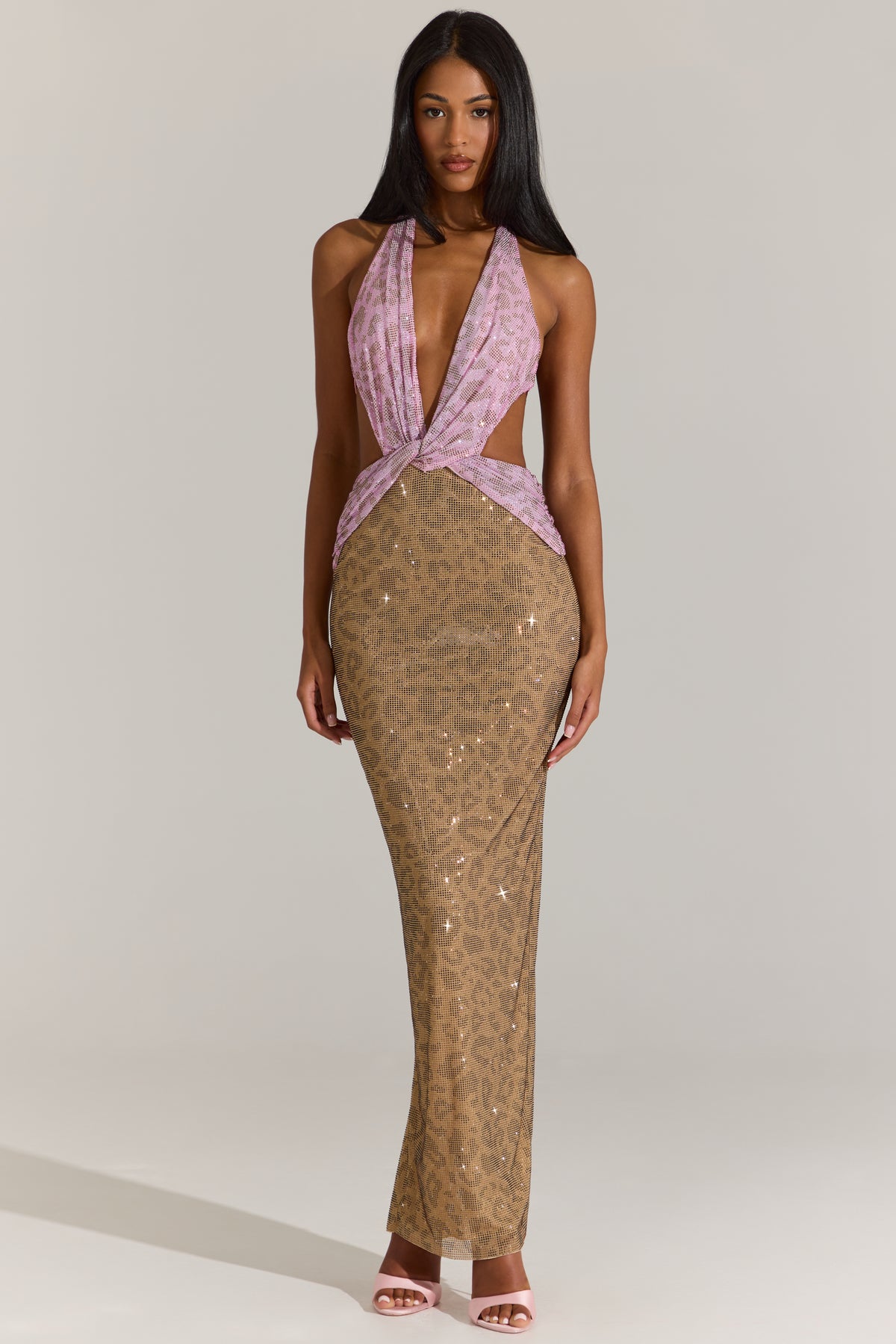 Embellished Cut-Out Maxi Dress in Pink Leopard