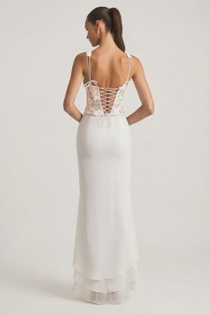 Oh Polly's Anna wearing the Nathalia Maxi Dress in White Chiffon fabric perfect for beachside weddings